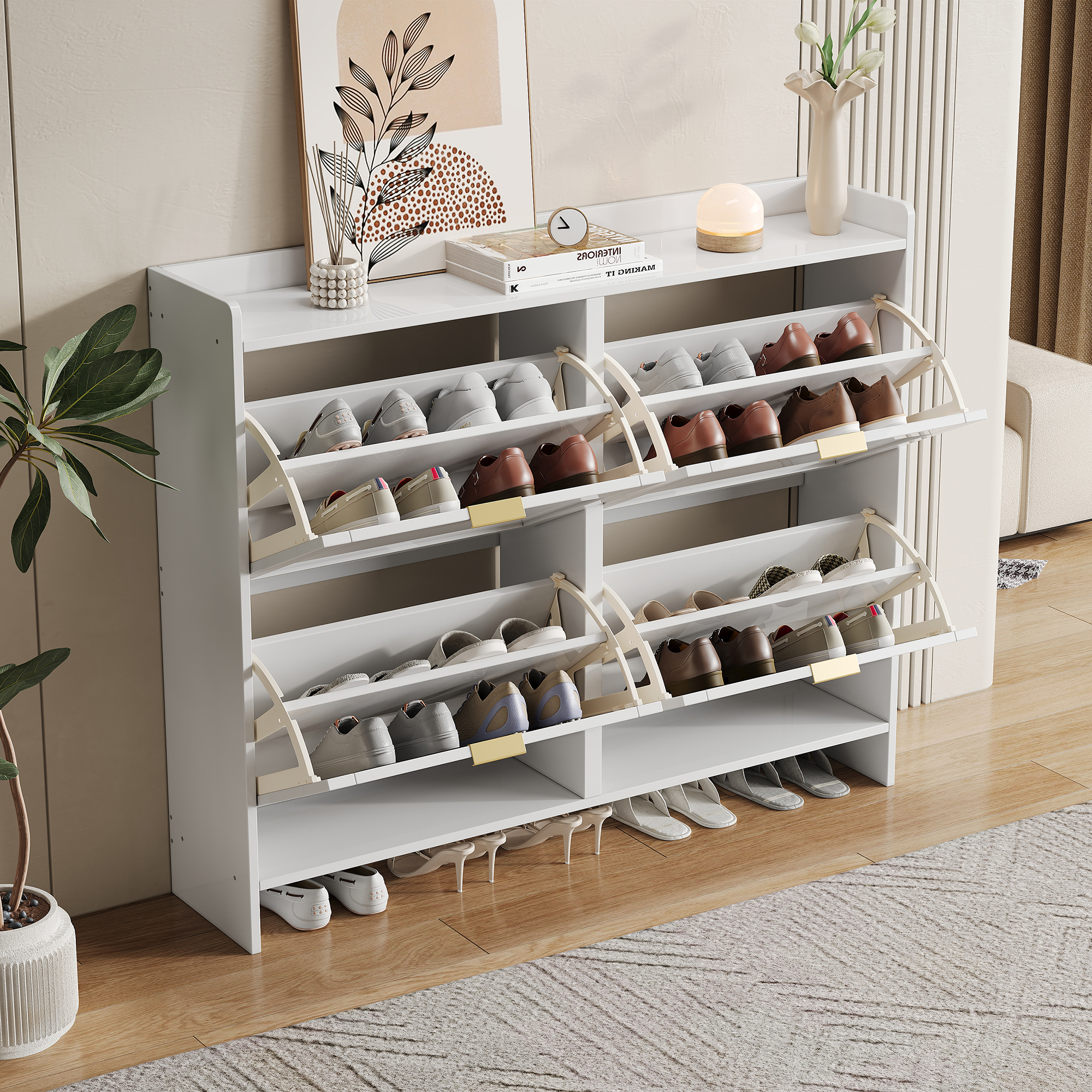 Modern Shoe Cabinet With 4 Flip Drawers, Freestanding Rack Open Shelves — image 3