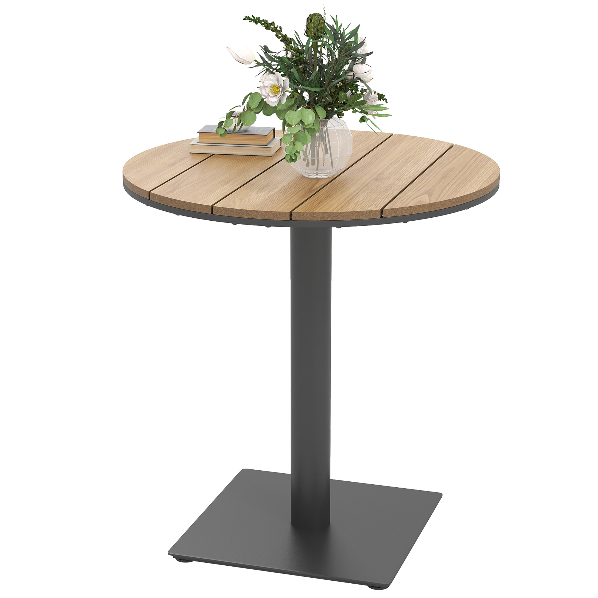 Gartentisch Ø70 Cm, Wetterfest Rund Balkontisch Mit Lamelldesign, Stahl Ø70 X 74H Cm Naturholz