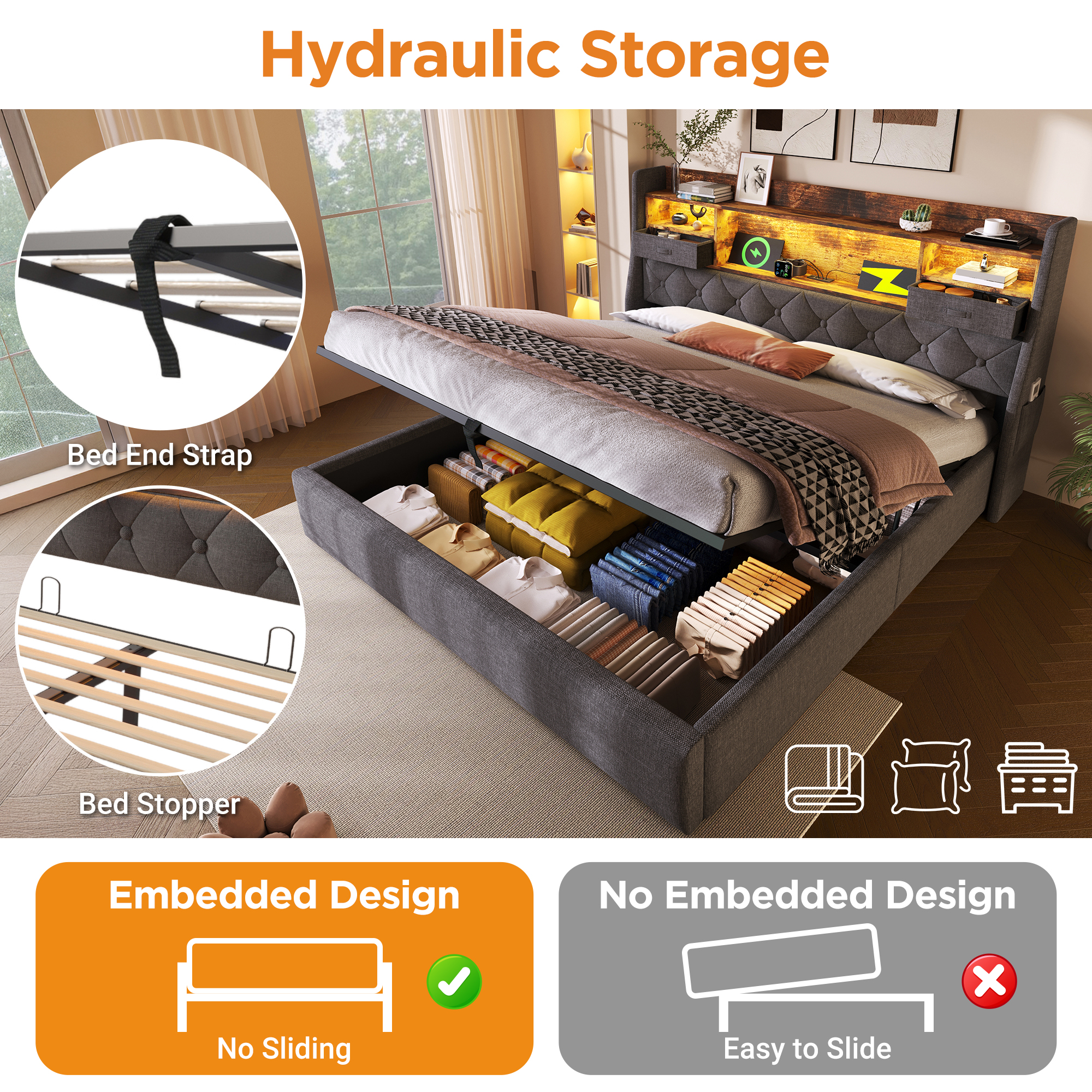 Upholstered Bed 6ft Hydraulic Bed With LED Lighting, USB Type-C Charging, Storage Headboard For Cellphones & Tablets, 180 X 200 Cm Super King Bed With Metal Slatted Frame, Linen, Grey   No Mattress