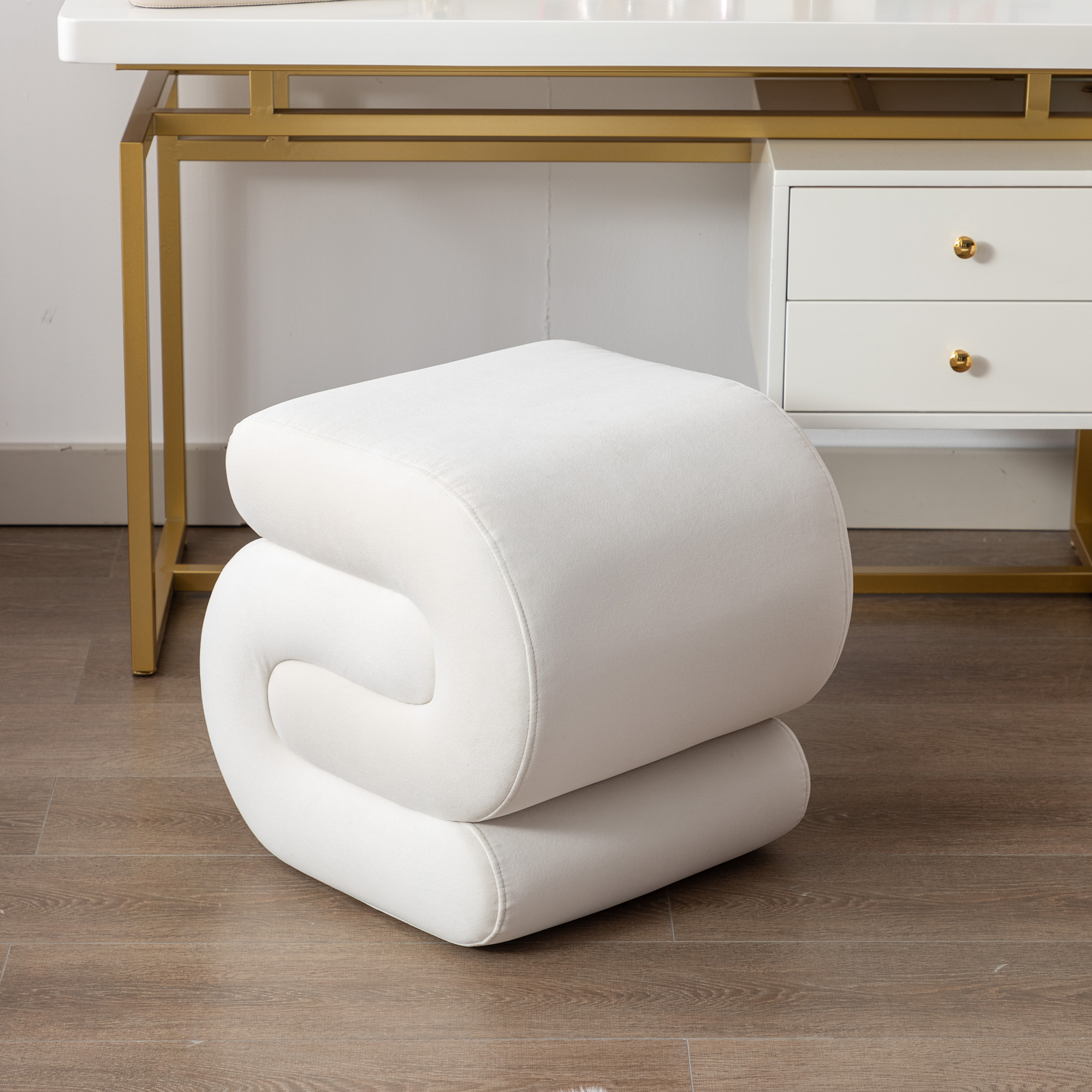 Velvet Ottoman Fabric S-shape Stool Wavy Pouf Ivory White