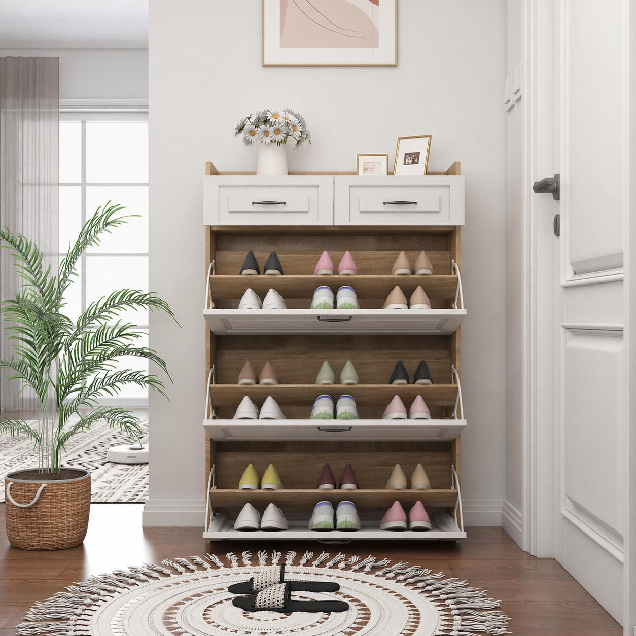 Shoe Organizer Storage Cabinet, With 3 Flip Louvered Doors & 2 Drawers, Narrow — image 5