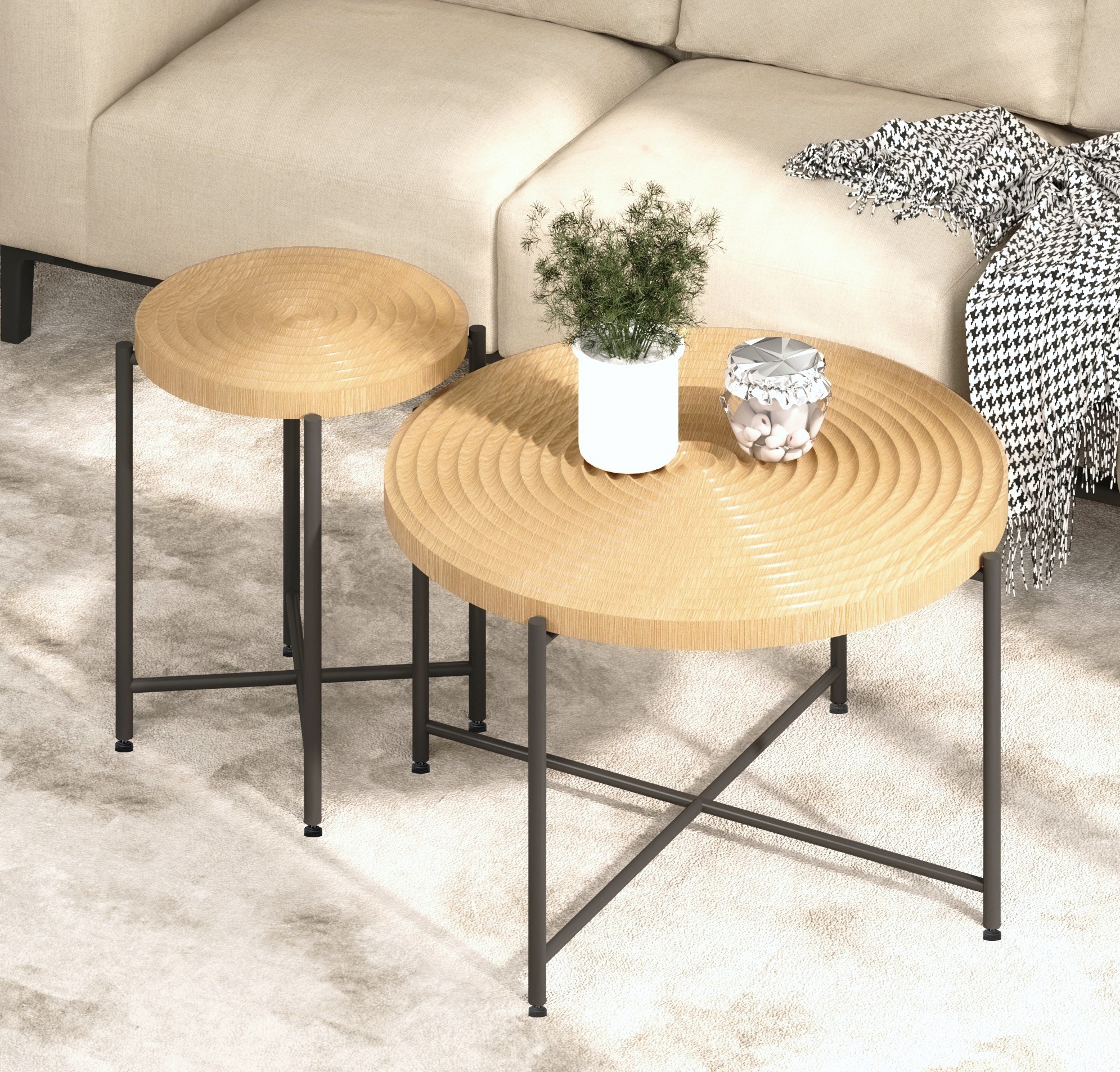 2-Piece Coffee And End Table Set -Waterproof MDF With PVC Cover, Distressed Cylindrical Design, Black Metal Legs -Classic Rustic Charm, Technical Wood