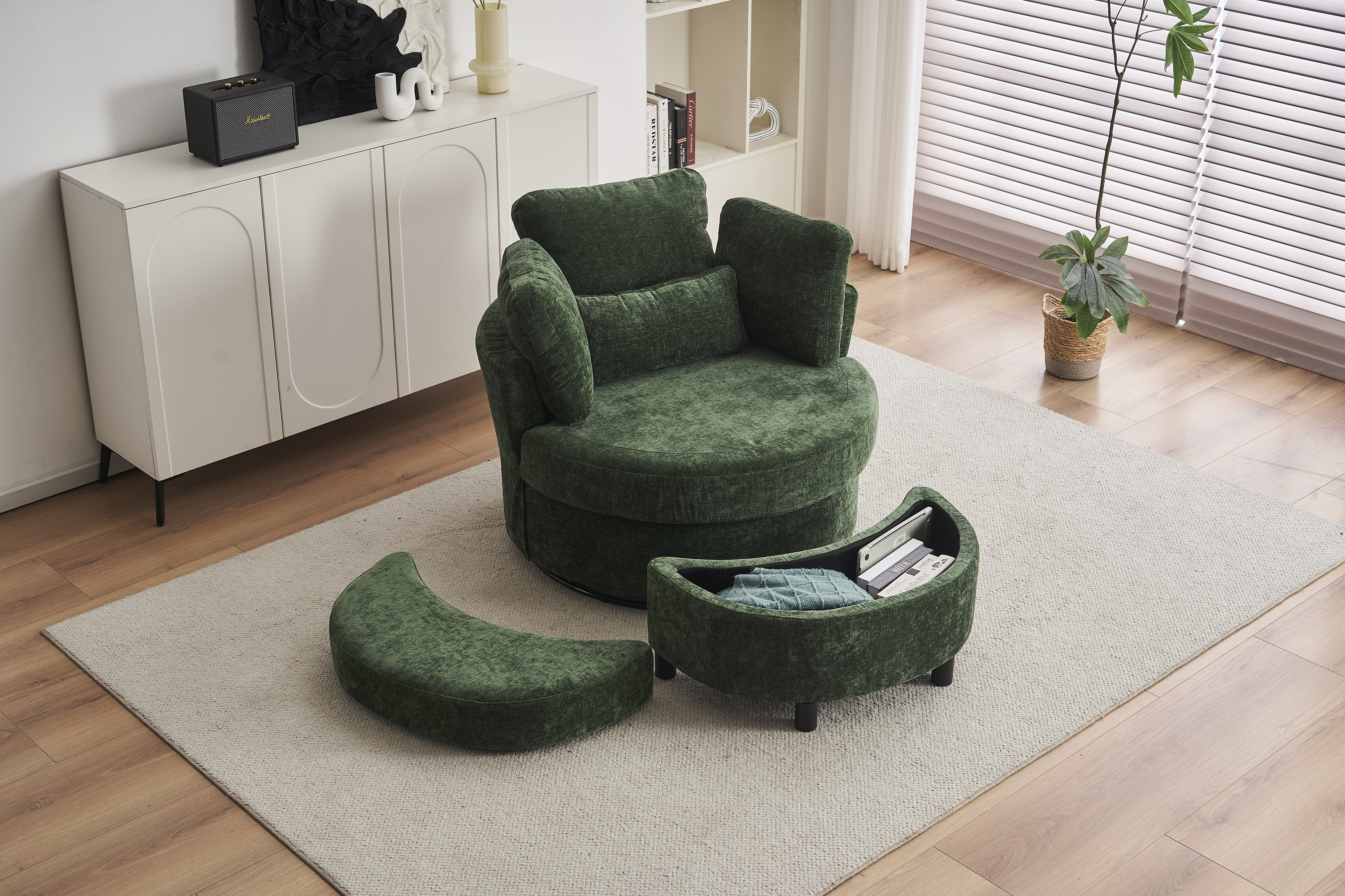 Chenille Swivel Armchair With 3 Back Cushion Pillow Ottoman Crescent Stool — image 4