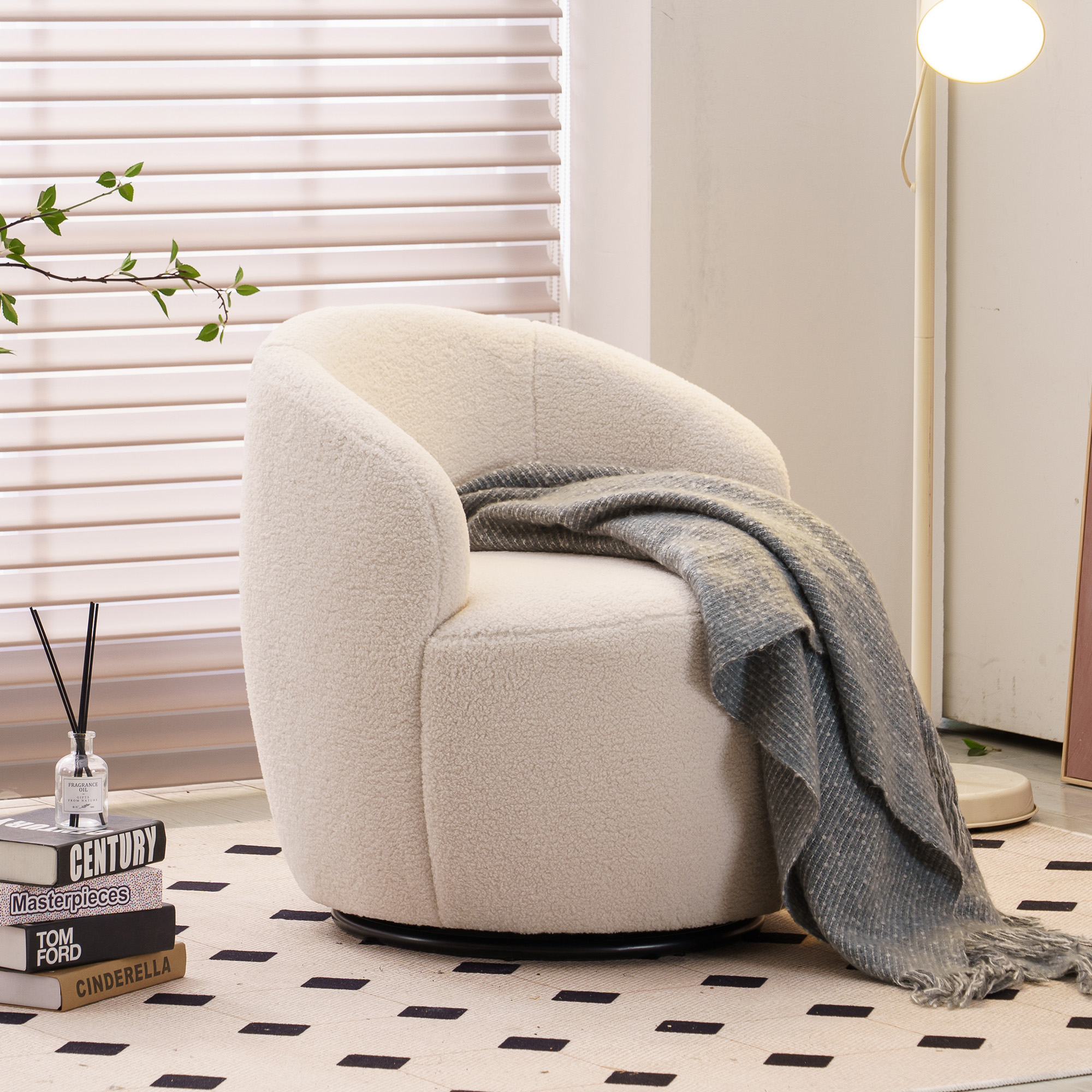 008S Teddy Fabric Swivel Accent Armchair Barrel Chair With Black Powder Coating — image 2
