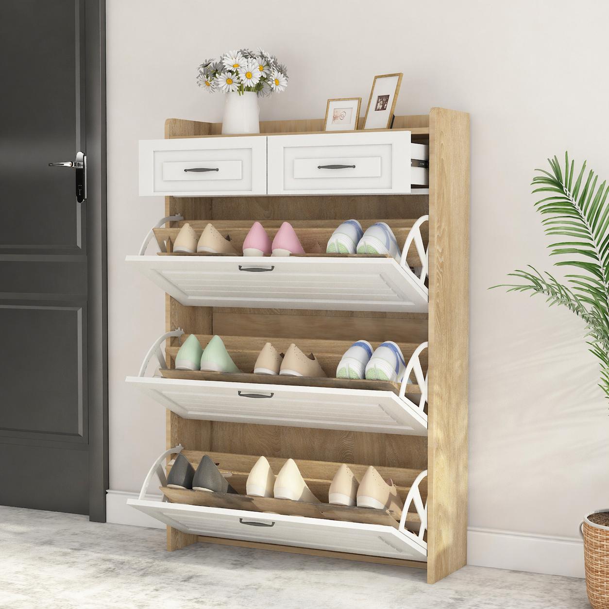 Shoe Organizer Storage Cabinet, With 3 Flip Louvered Doors & 2 Drawers, Narrow — image 3