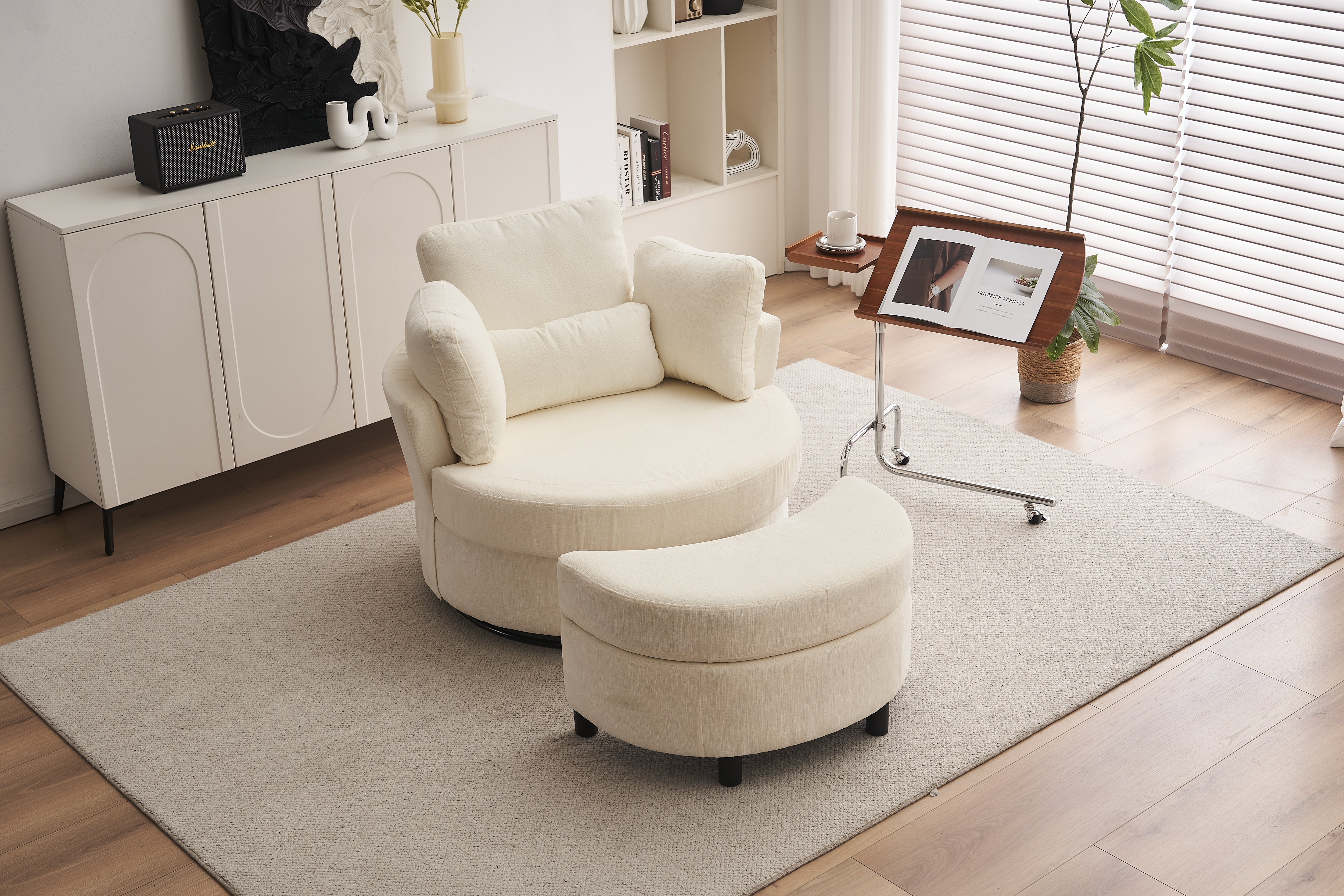 Chenille Swivel Armchair With 3 Back Cushion Pillow Ottoman Crescent Stool, Ivory