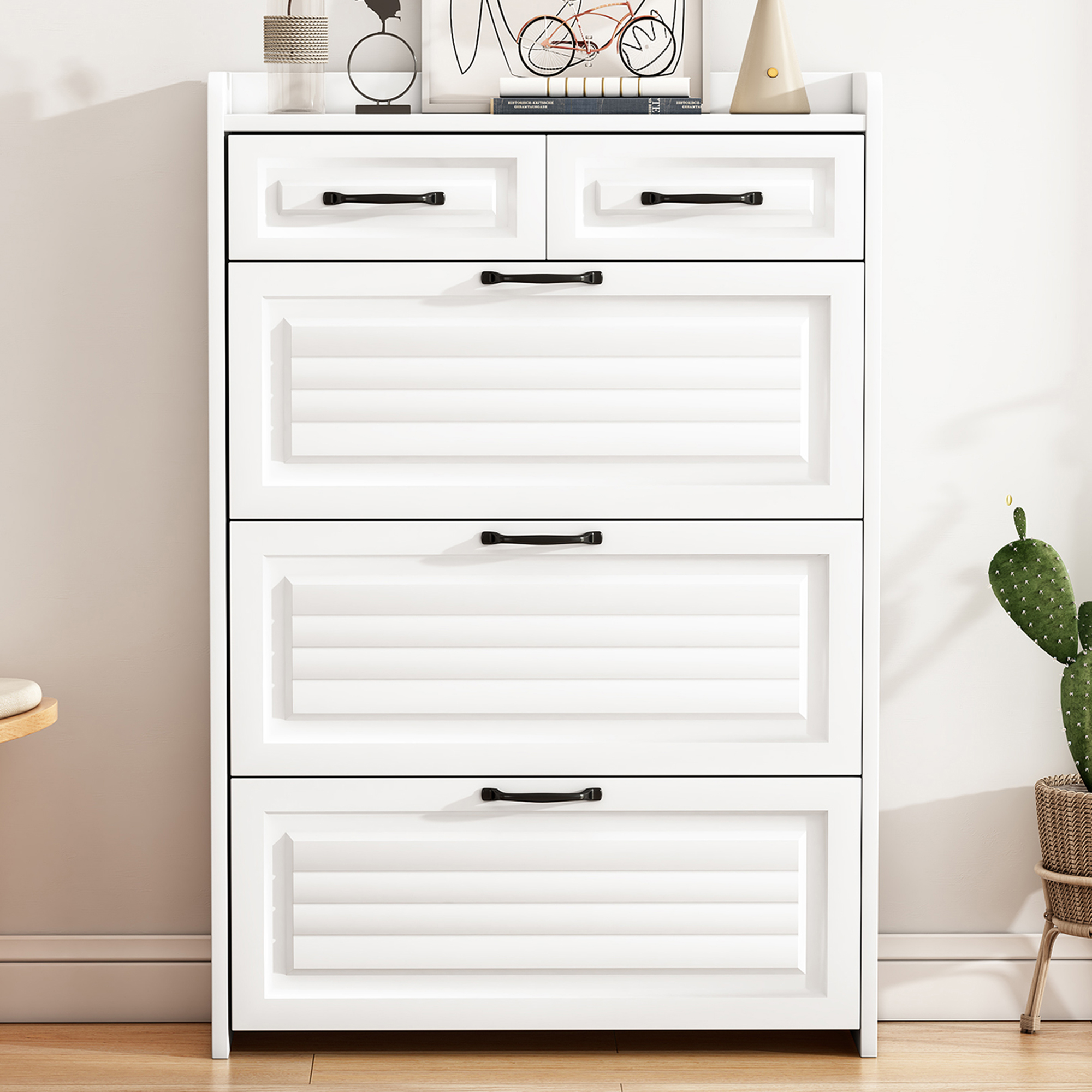 Shoe Organizer Storage Cabinet, With 3 Flip Louvered Doors & 2 Drawers, Narrow — image 5