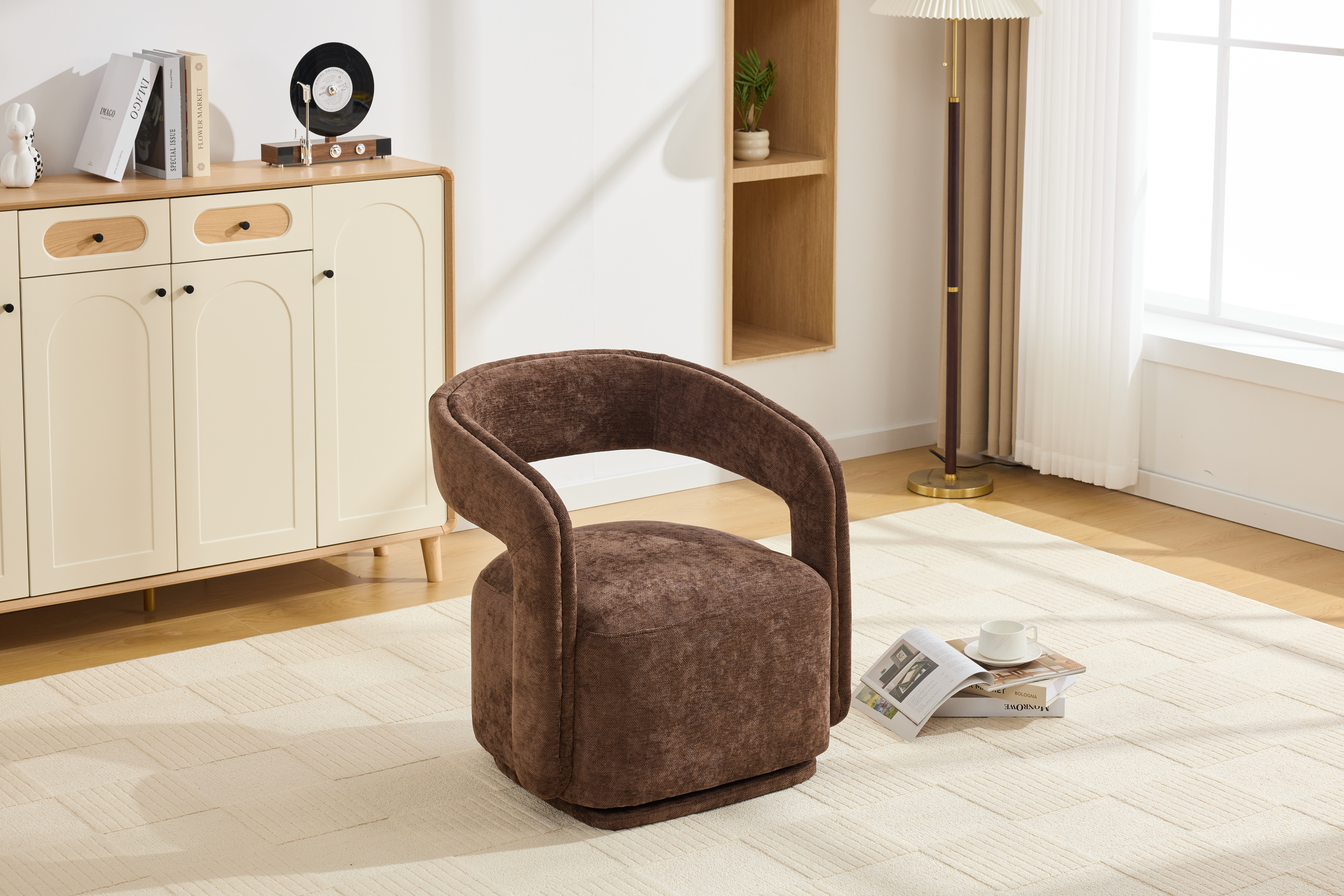 065 Chenille Fabric Accent Chair Armchair With Covered Wooden 360 Swivel Base — image 5