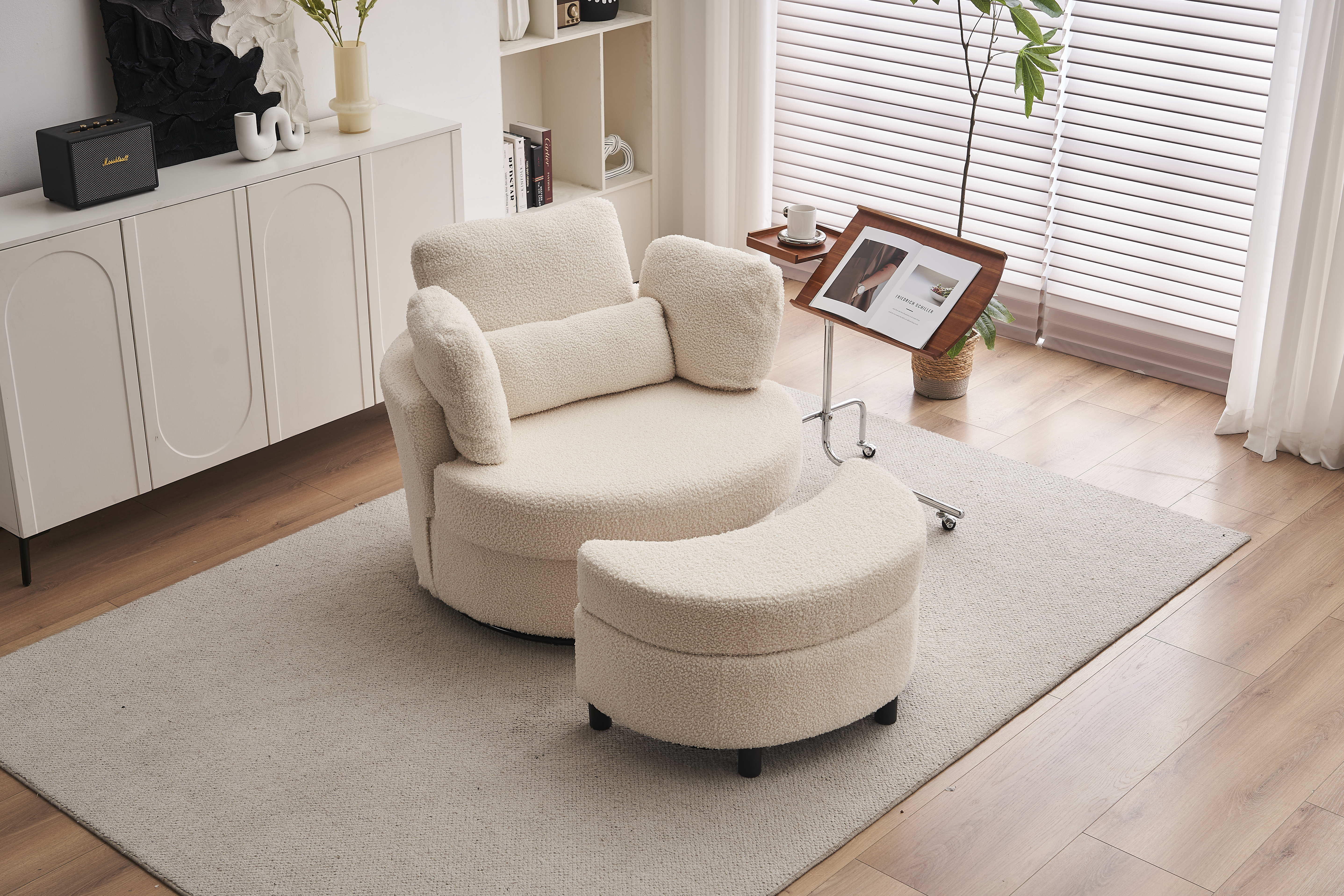 Teddy Swivel Armchair With 3 Back Cushion Pillow Ottoman Crescent Stool, White — image 2