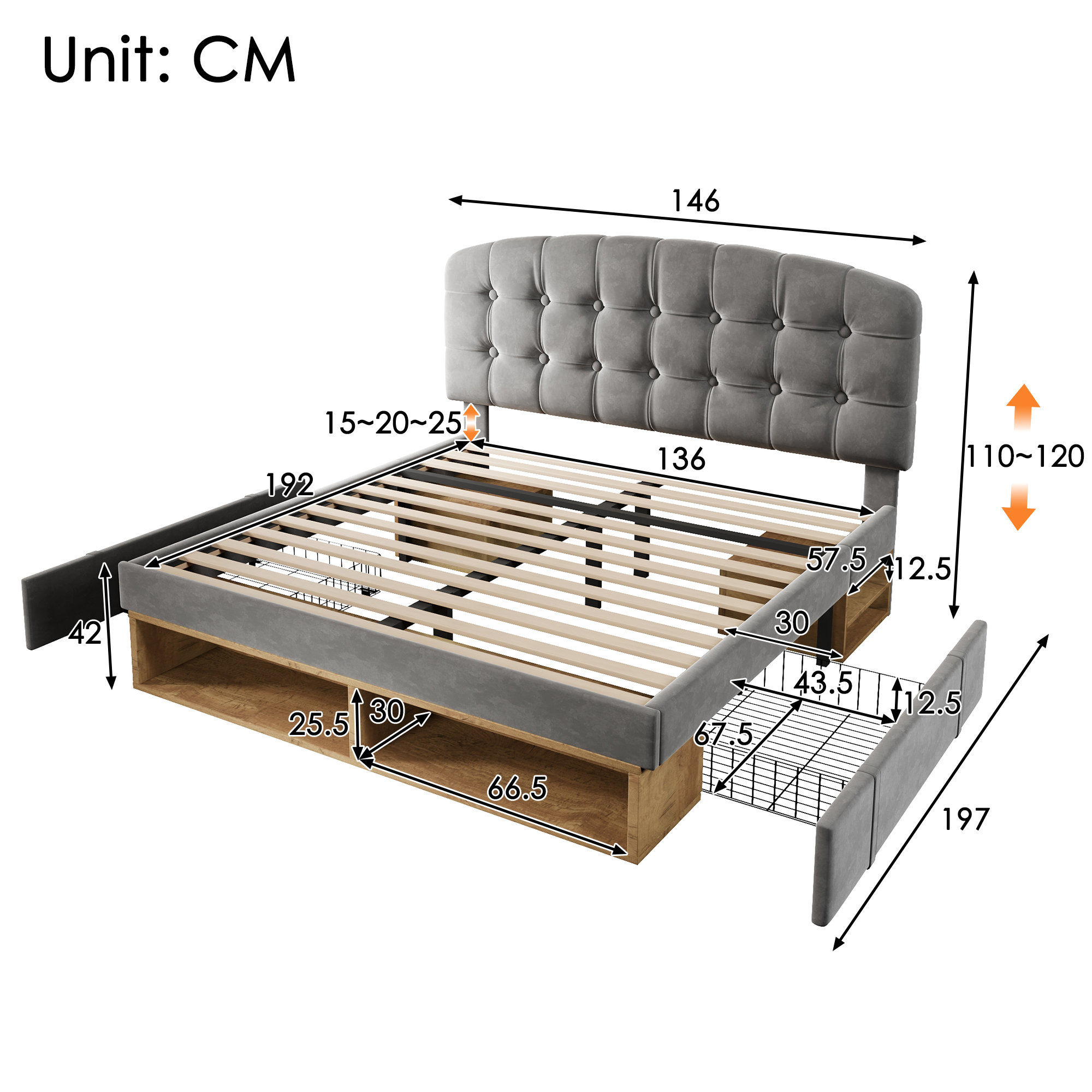 Upholstered Double Bed With Storage Compartments And Drawers, 4ft6 Double Bed With Adjustable Headboard, 135 X 190 Cm, Velvet, Grey   No Mattress