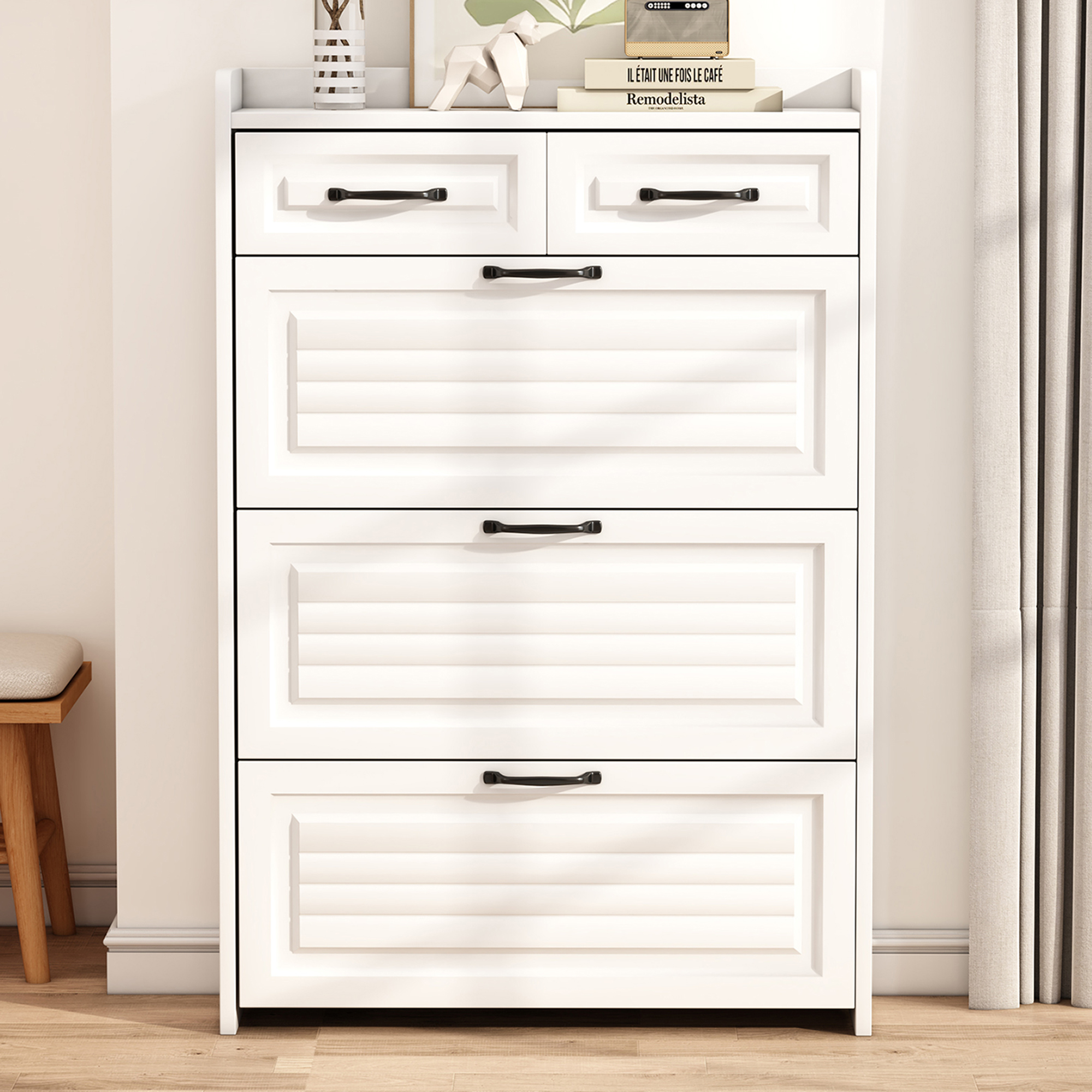 Shoe Organizer Storage Cabinet, With 3 Flip Louvered Doors & 2 Drawers, Narrow — image 4