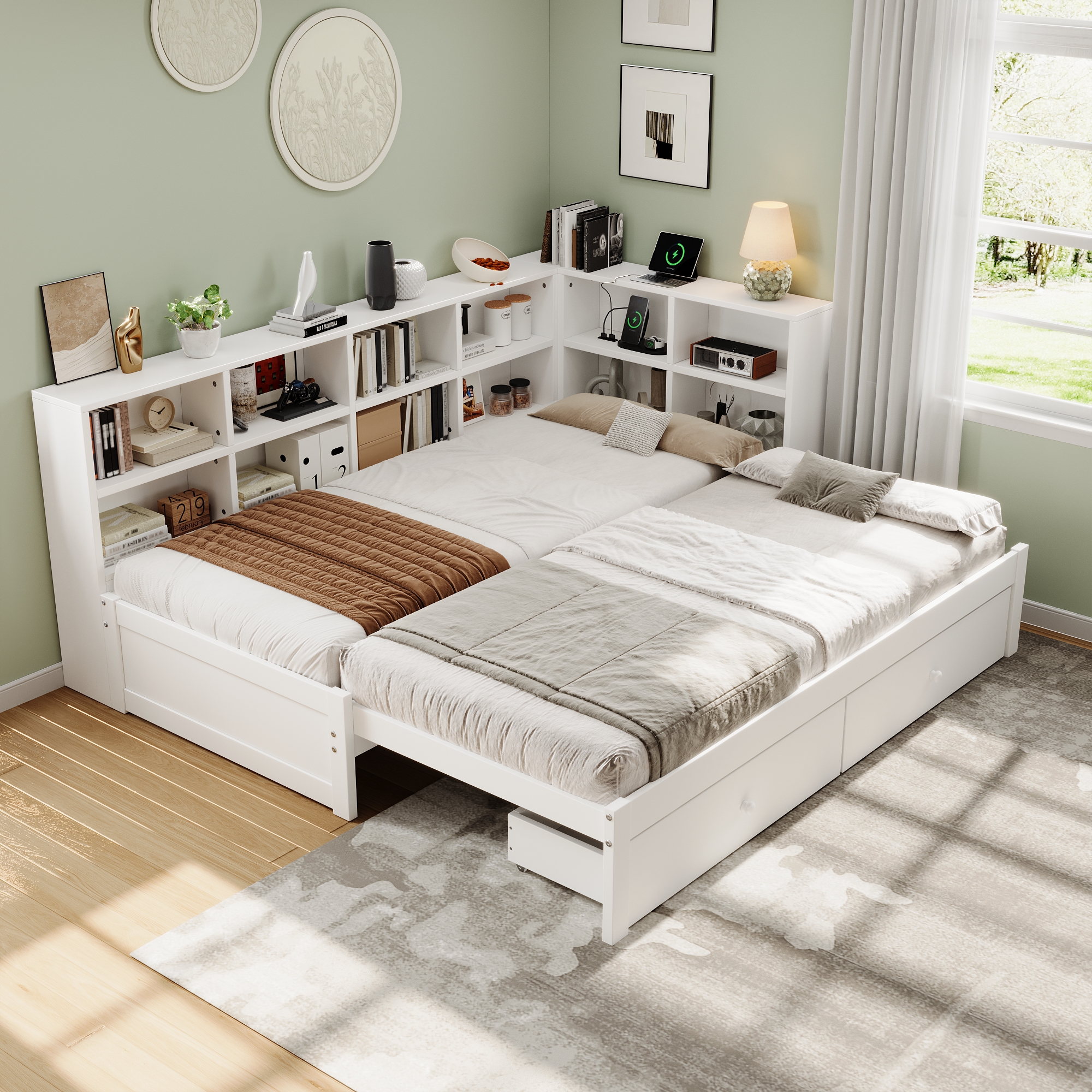 3ft Single Daybed With Two Storage Drawers And Beside Storage, Modern Pull-out Trundle Bed With Charging Station, Wood Bed For Living Room   Bedroom   Study Room, 90X190cm, White   No Mattress