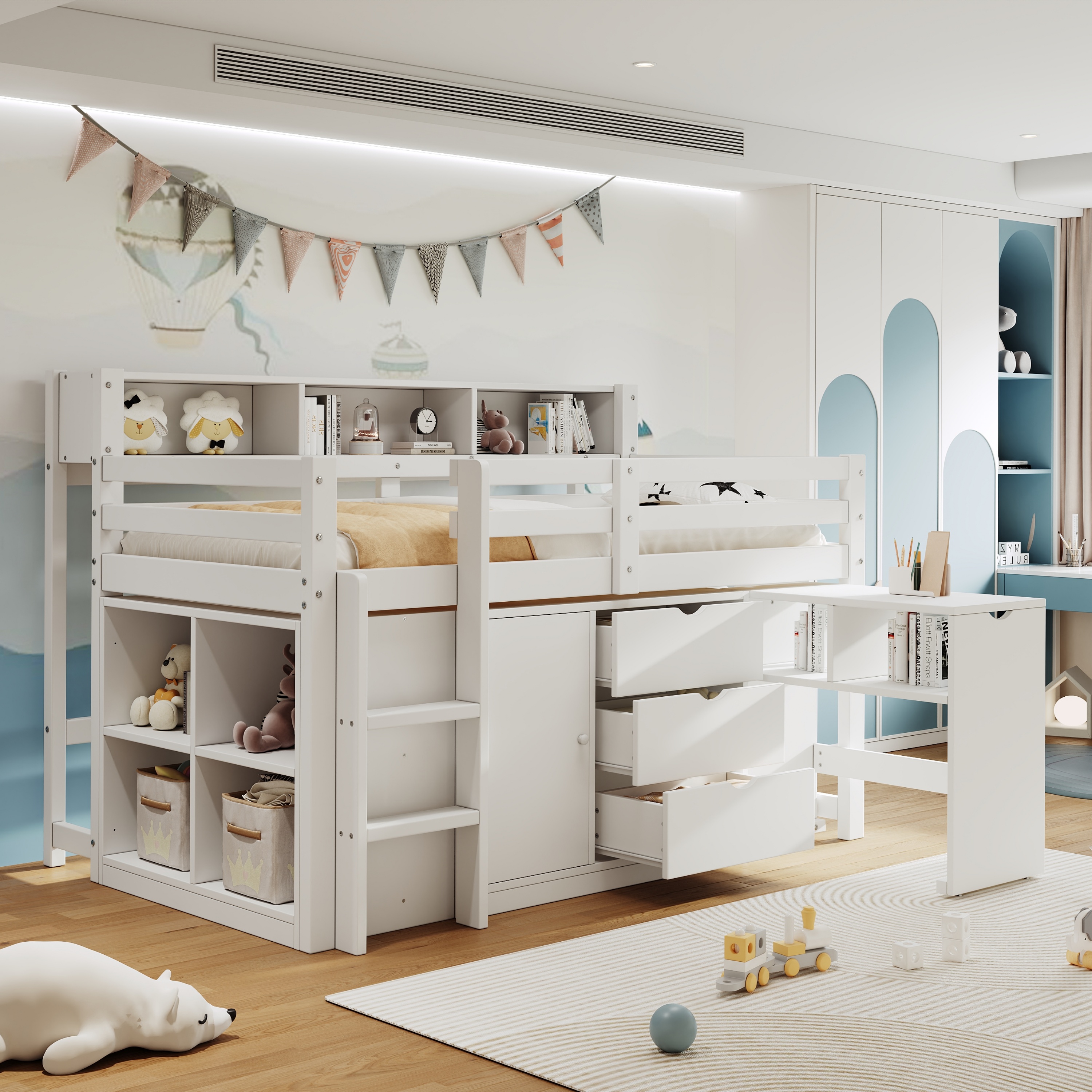3ft Single Wooden Storage Bed With Pull-out Desk, Modern Wood Bed With Three Drawers, Storage Cabinet & Headboard Shelves, Space-saving Design With Storage Compartment, White   No Mattress