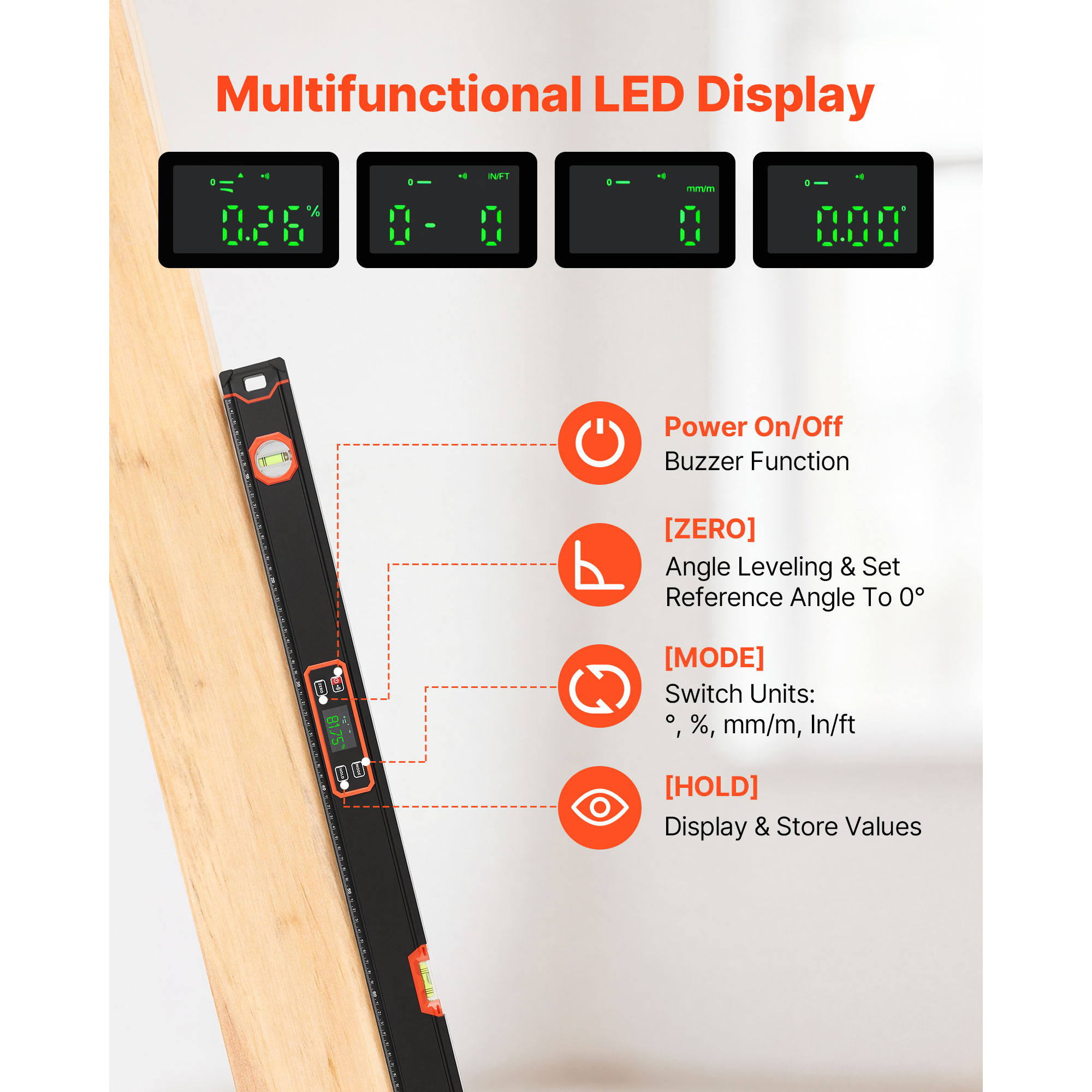 Digital Level, 48 In Length, Magnetic Electronic Level With LED Backlit Display, 360 Electronic Leveler Tool With 0  45  90  Bubble Vials, IP54 Rating For Construction Carpentry Home Renovation