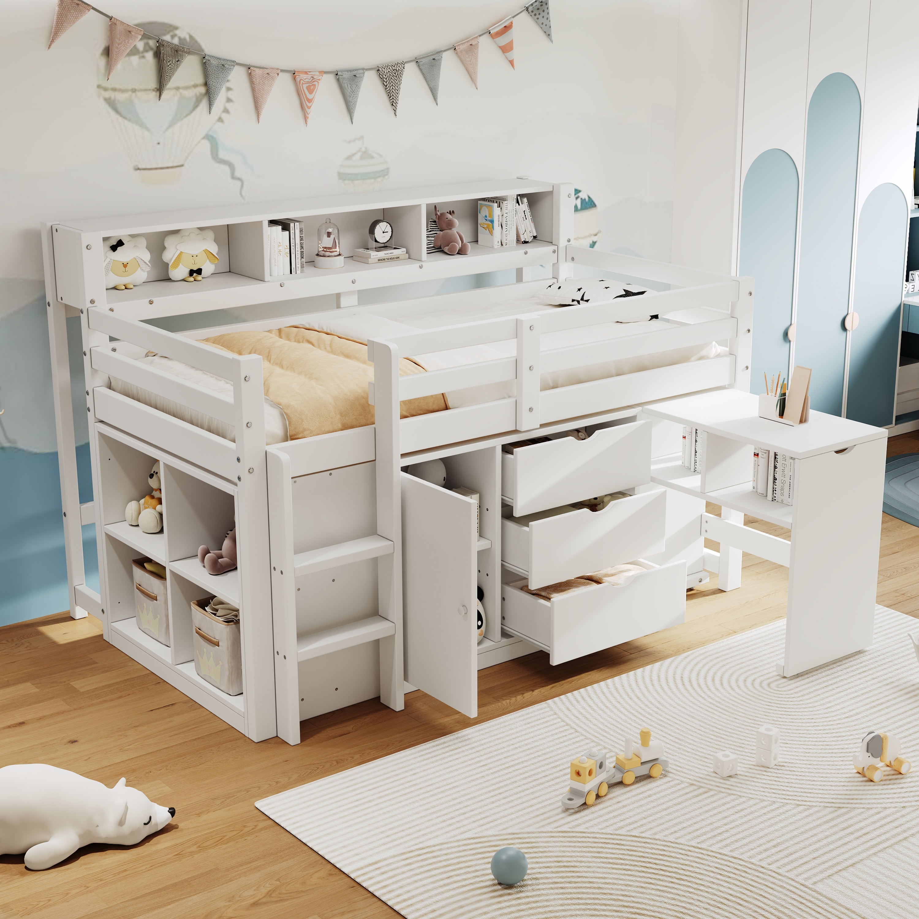 3ft Single Wooden Storage Bed With Pull-out Desk, Modern Wood Bed With Three Drawers, Storage Cabinet & Headboard Shelves, Space-saving Design With Storage Compartment, White   No Mattress