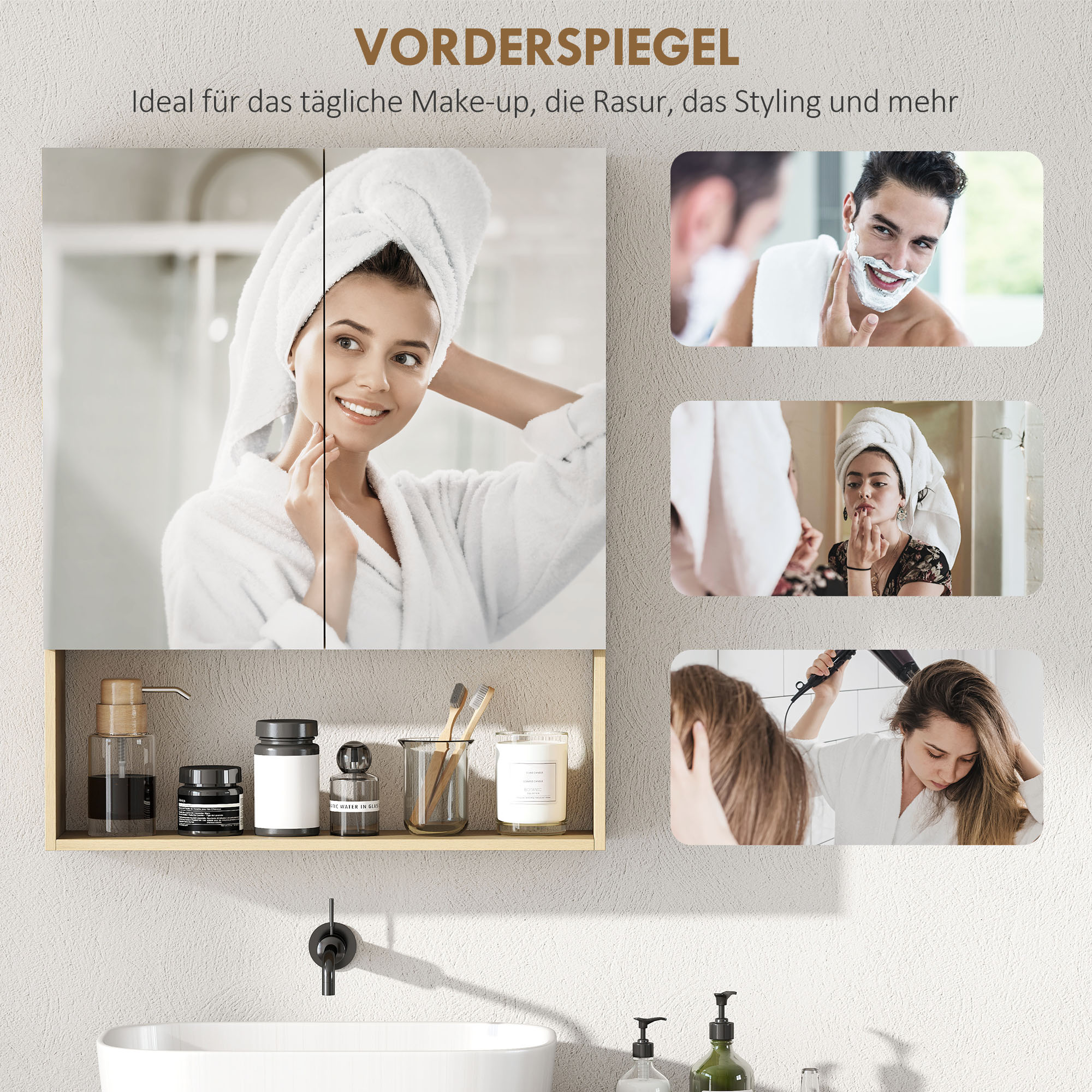 Badezimmerschrank, Spiegeltüren, Offenes Regal, Wandmontage, MDF, Spanplatte, Eiche