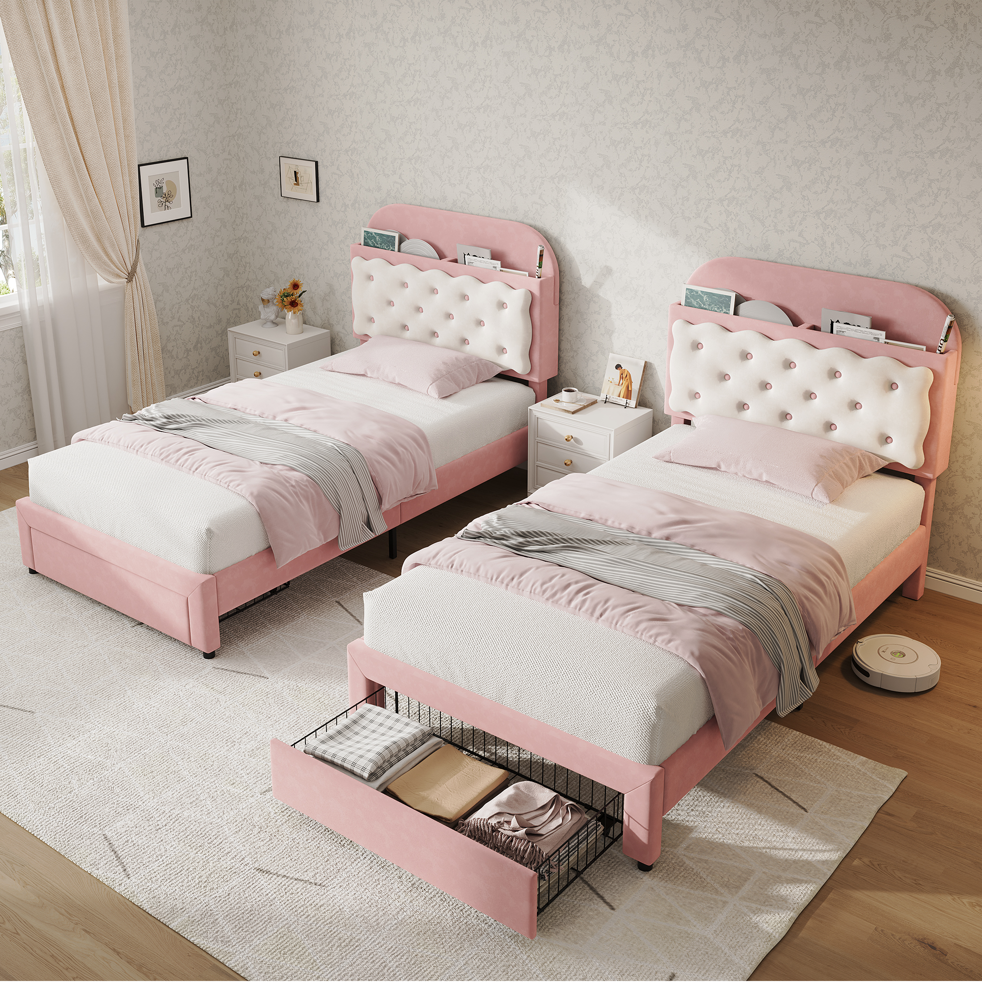 3ft Single Velvet Upholstered Bed Frame, Adjustable Cookie Shaped Storage Headboard With Storage Drawer At Bed End, No Box Spring Needed, Easy Assembly, Cream White   No Mattress