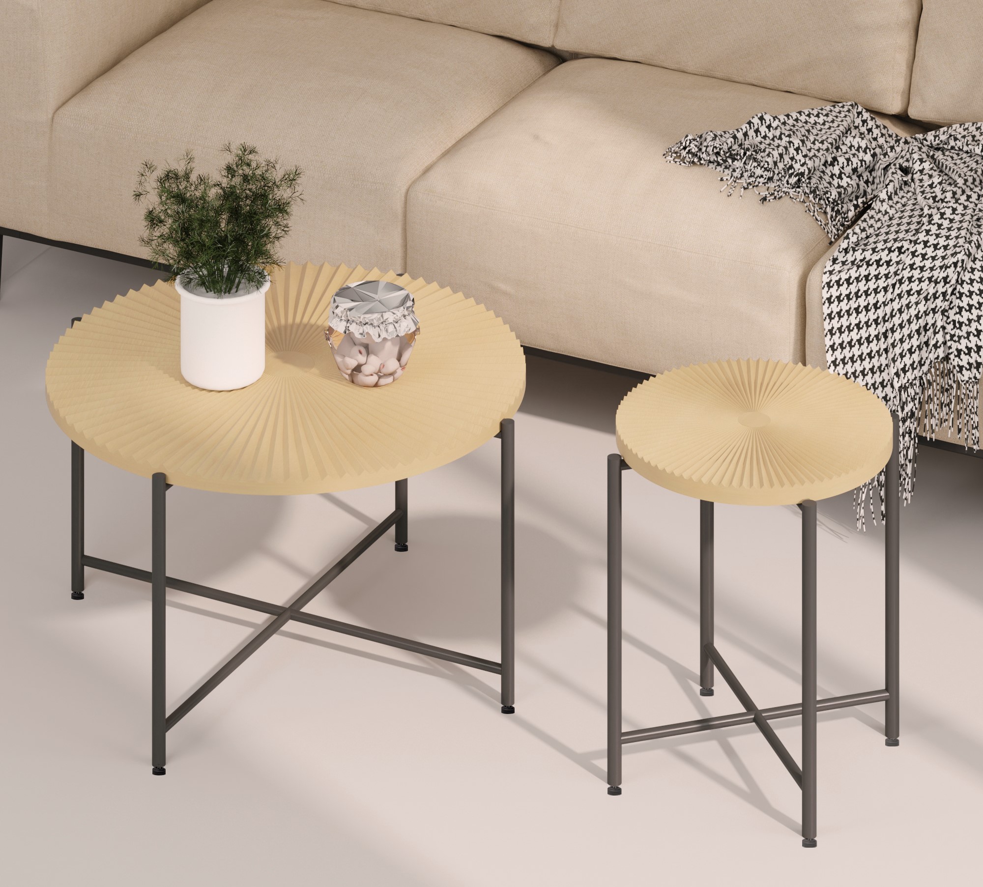 Radial Pattern 2-Piece Coffee And End Table Set -Waterproof MDF With PVC Cover, Distressed Cylindrical Design, Black Metal Legs - Classic Rustic Charm, Technical Wood