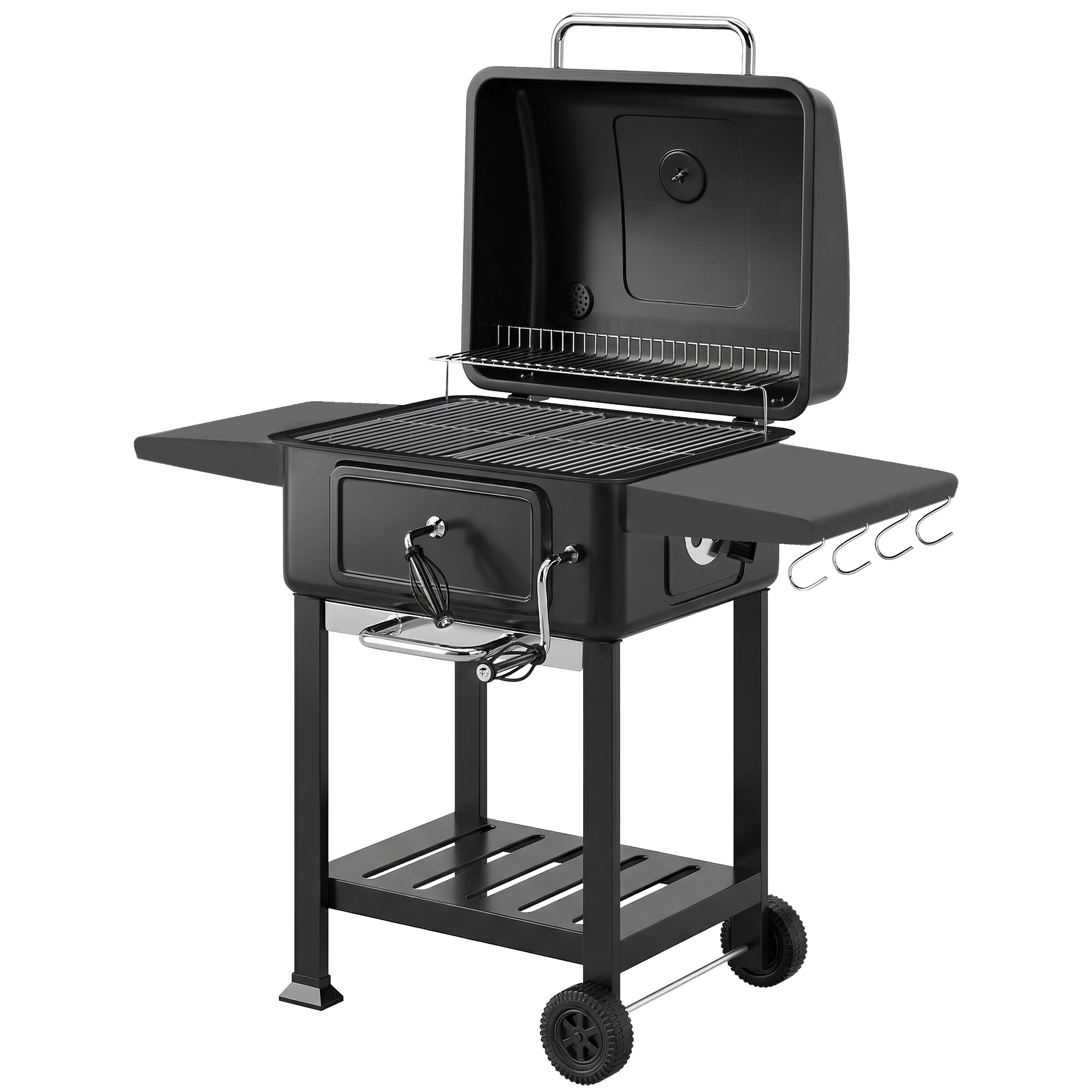 Holzkohlegrill BBQ Smoker Mit Deckel Thermometer Höhenverstellbar Kohlepfanne Kamin Grillrost Seitentisch Aschefach