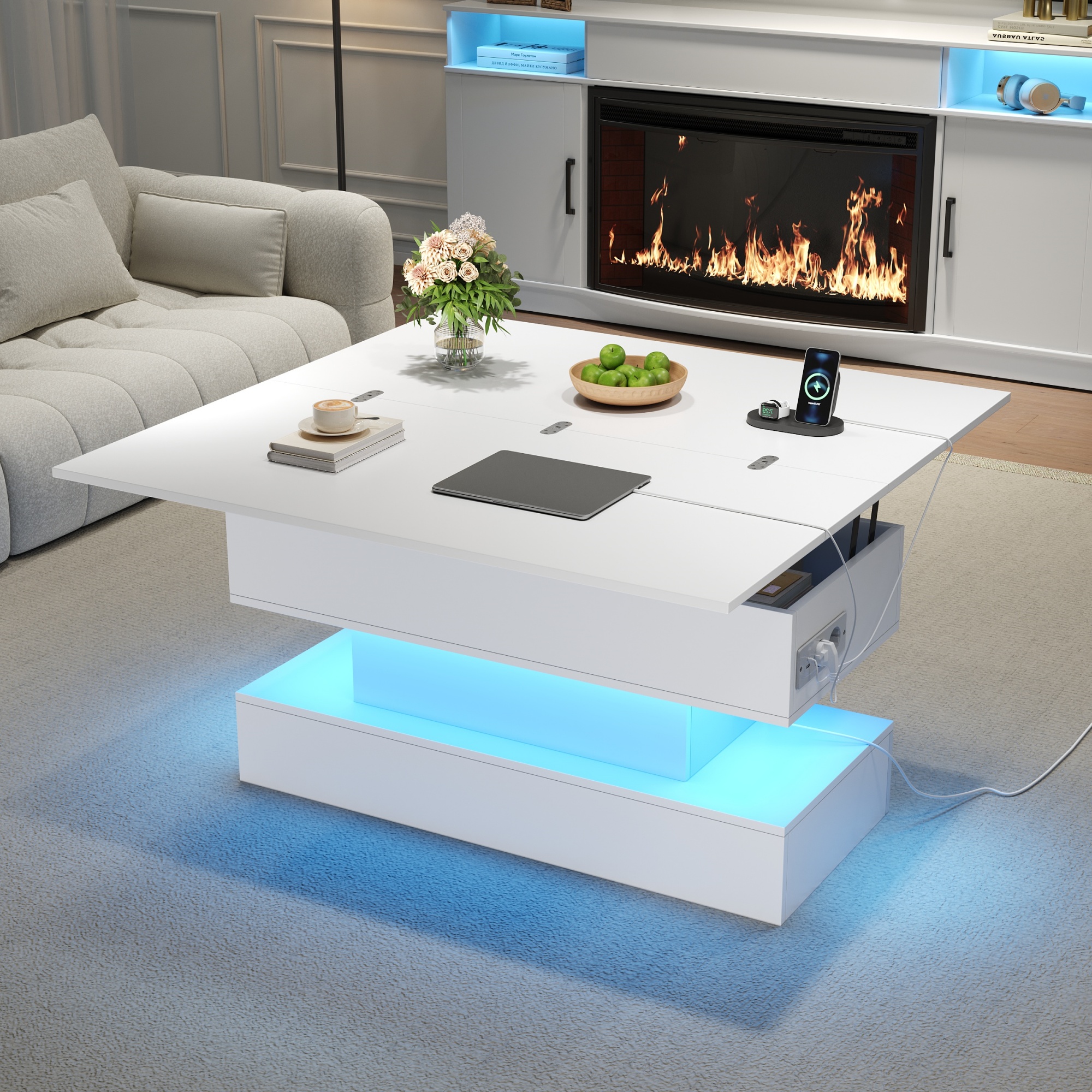 100x50x51.5cm Coffee Table With Power Outlet, USB-C & USB Charging Port, Multifunctional Living Room Table With LED, Liftable Coffee Table, Height-adjustable Sofa Table, Side Table And Dining Table Wi