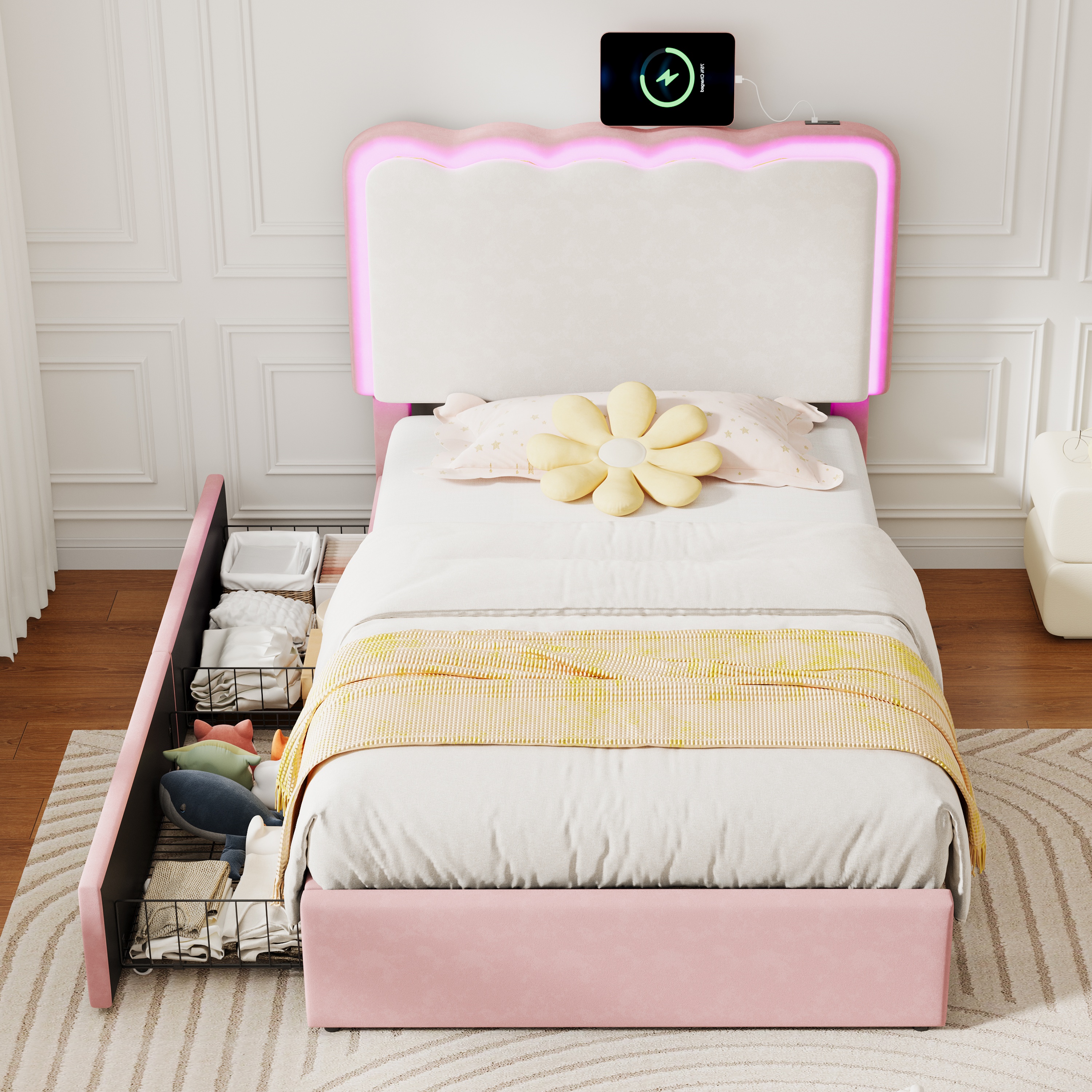 3ft Single Upholstered Bed With Adjustable LED Wavy Headboard, Soft Velvet Bed Frame With 2 Storage Drawers, Bed Frame With Solid Wood Slat, Easy Assembly,  Cream White   No Mattress