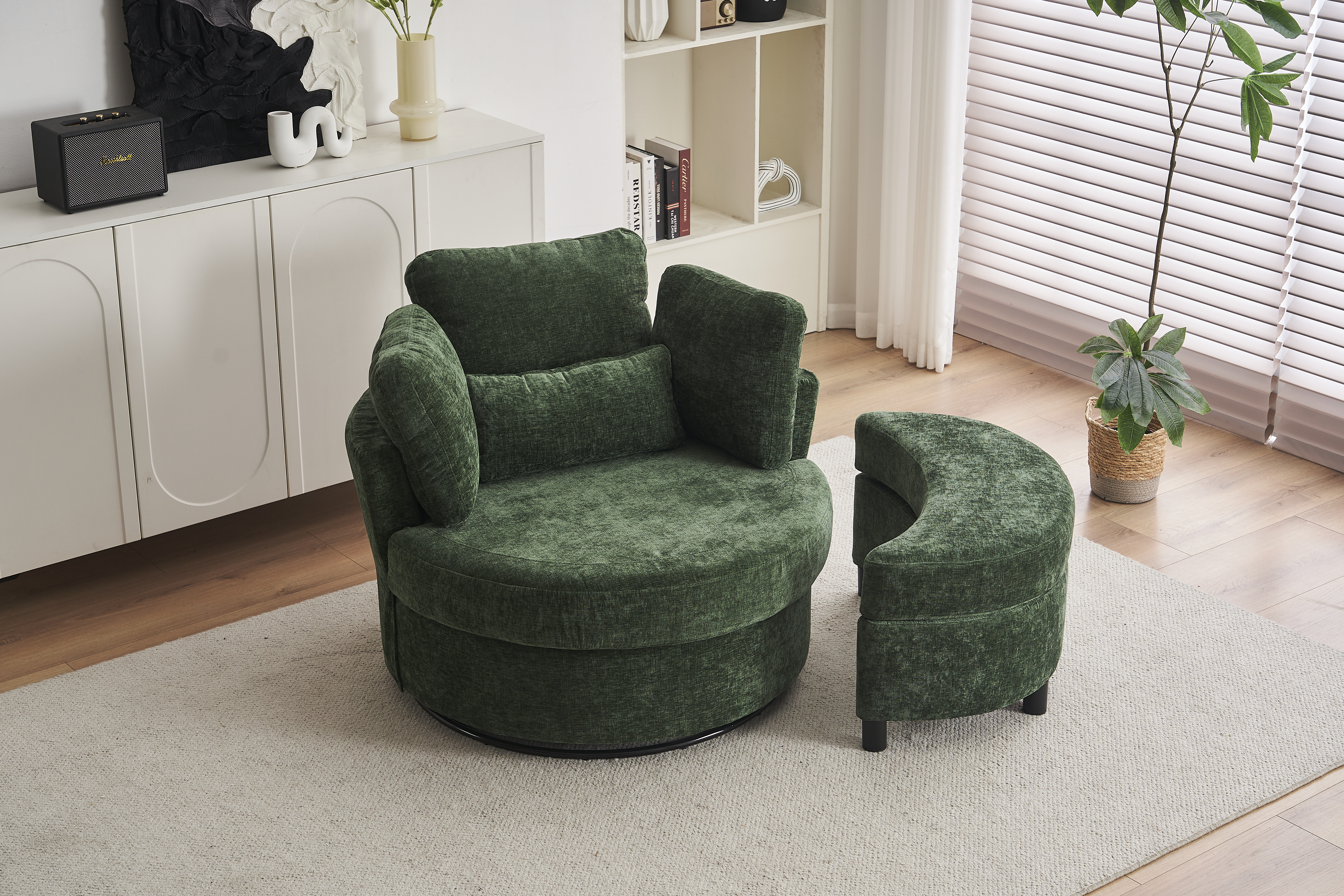 Chenille Swivel Armchair With 3 Back Cushion Pillow Ottoman Crescent Stool