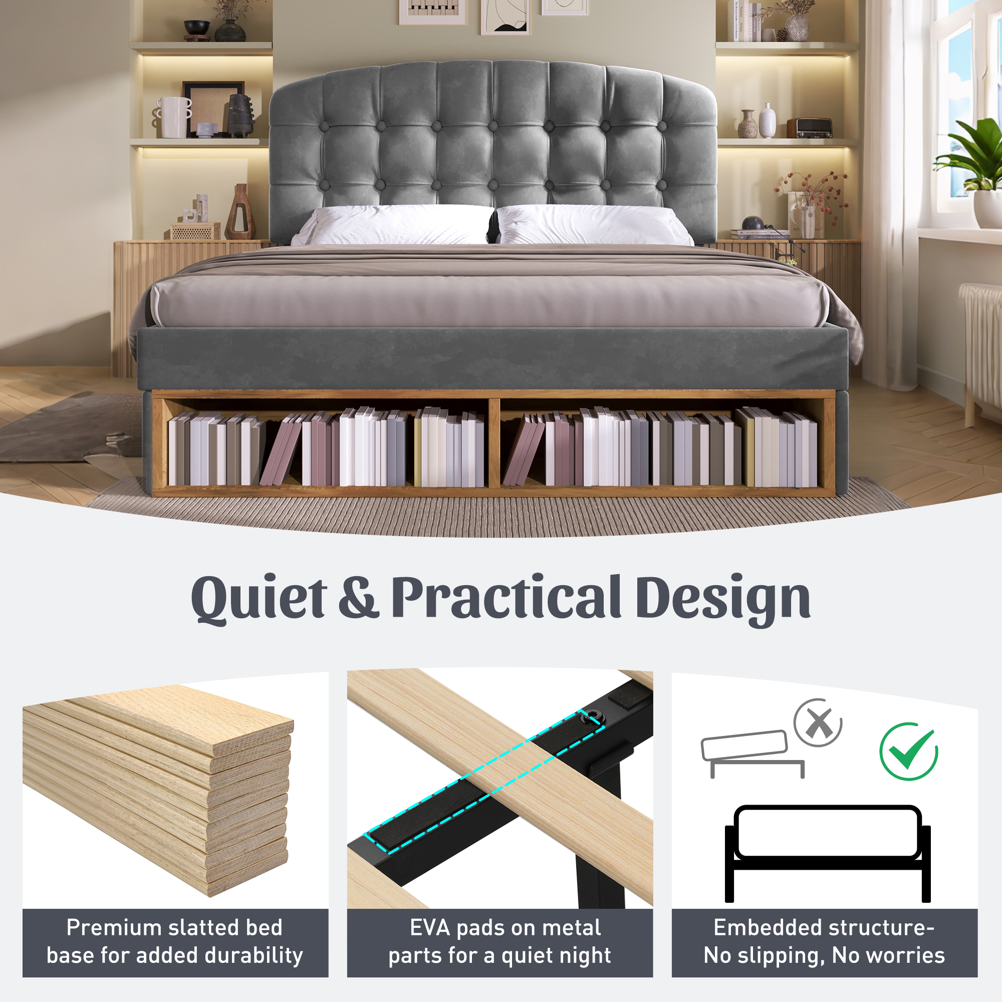 Upholstered Double Bed With Storage Compartments And Drawers, 4ft6 Double Bed With Adjustable Headboard, 135 X 190 Cm, Velvet, Grey   No Mattress