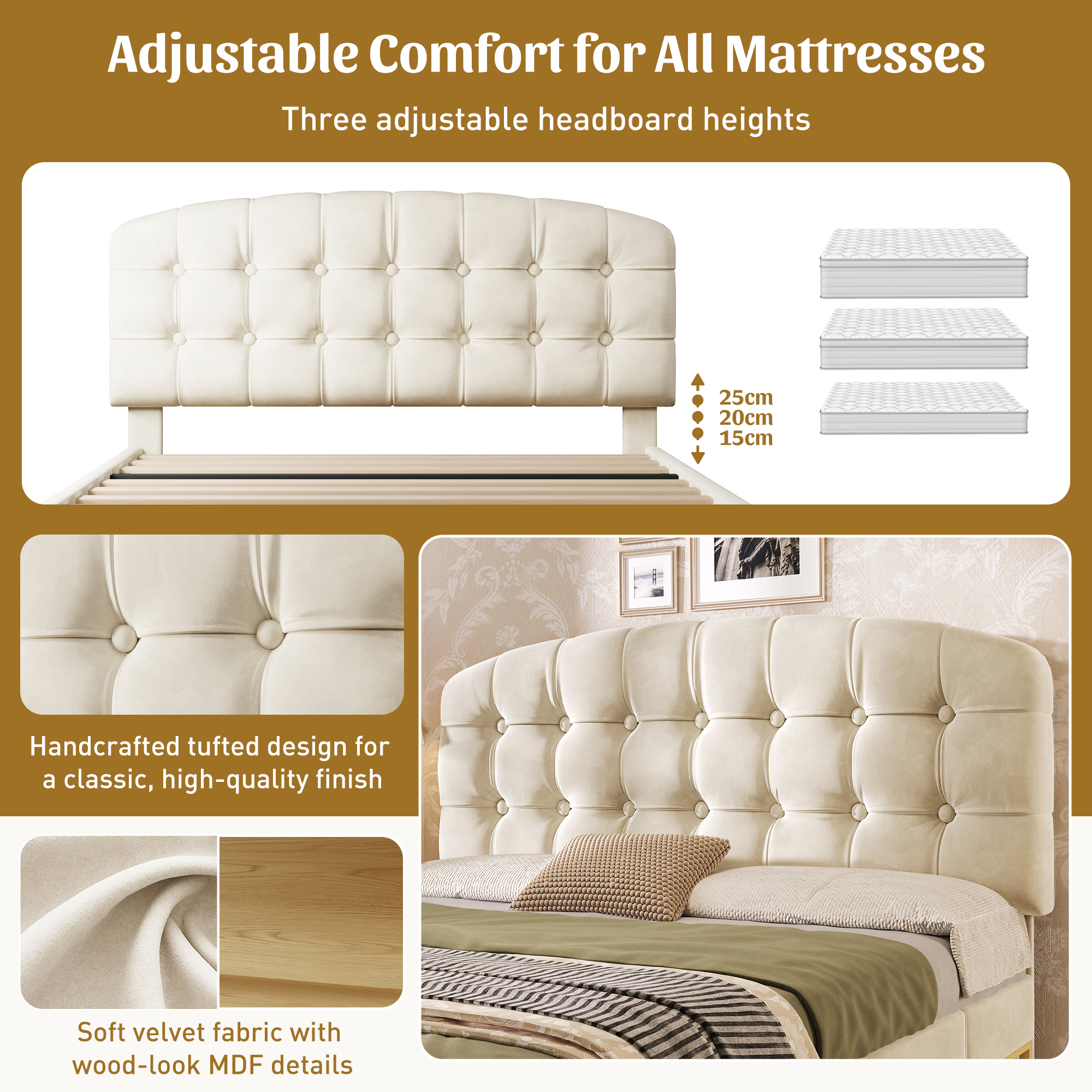 Upholstered Double Bed With Storage Compartments And Drawers, 4ft6 Double Bed With Adjustable Headboard, 135 X 190 Cm, Velvet, Beige   No Mattress