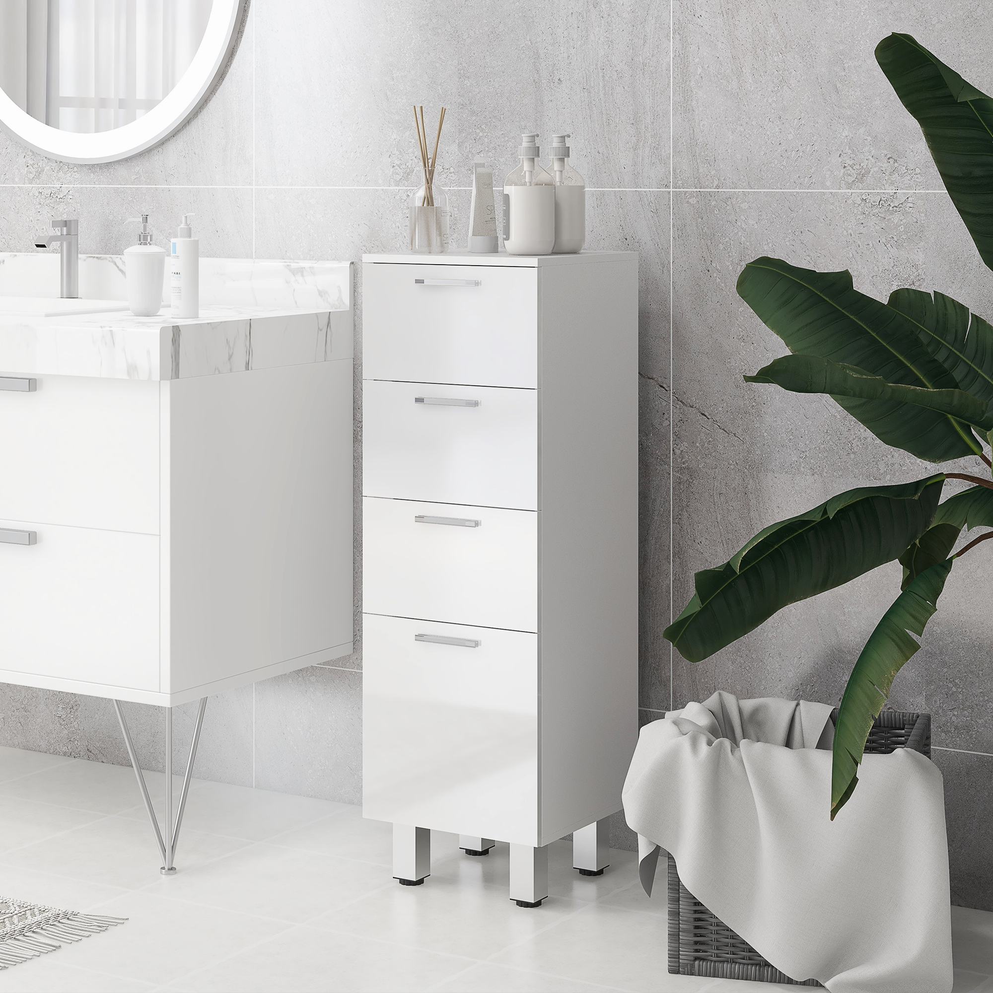 Badezimmerschrank, Badschrank, 4 Schubladen, Spanplatte, Glatt, Weiß