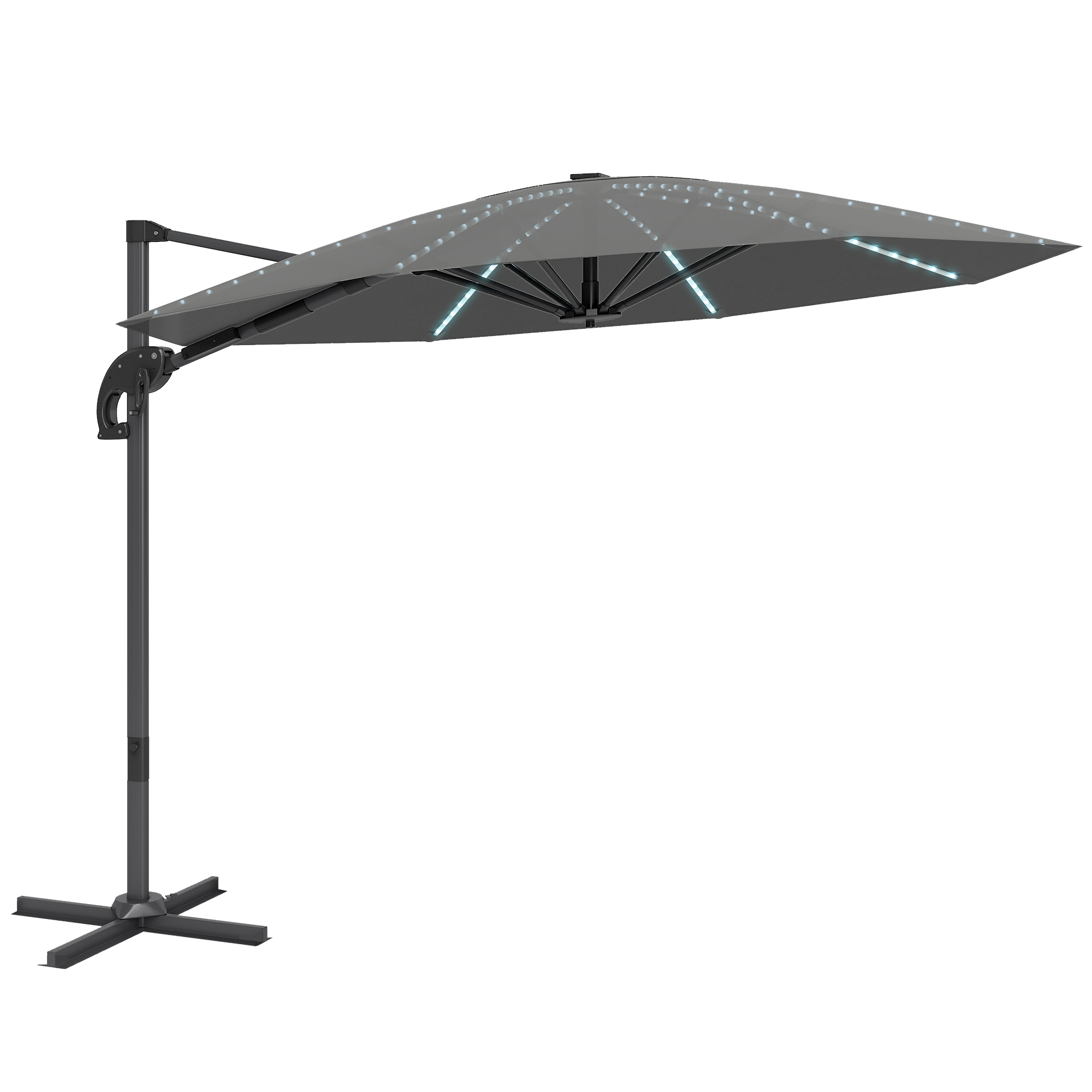 Alu Ampelschirm LED Solar Ø300 Cm Höhenverstellbar Sonnenschirm Mit Kurbel Ständer UV50+ Dunkelgrau