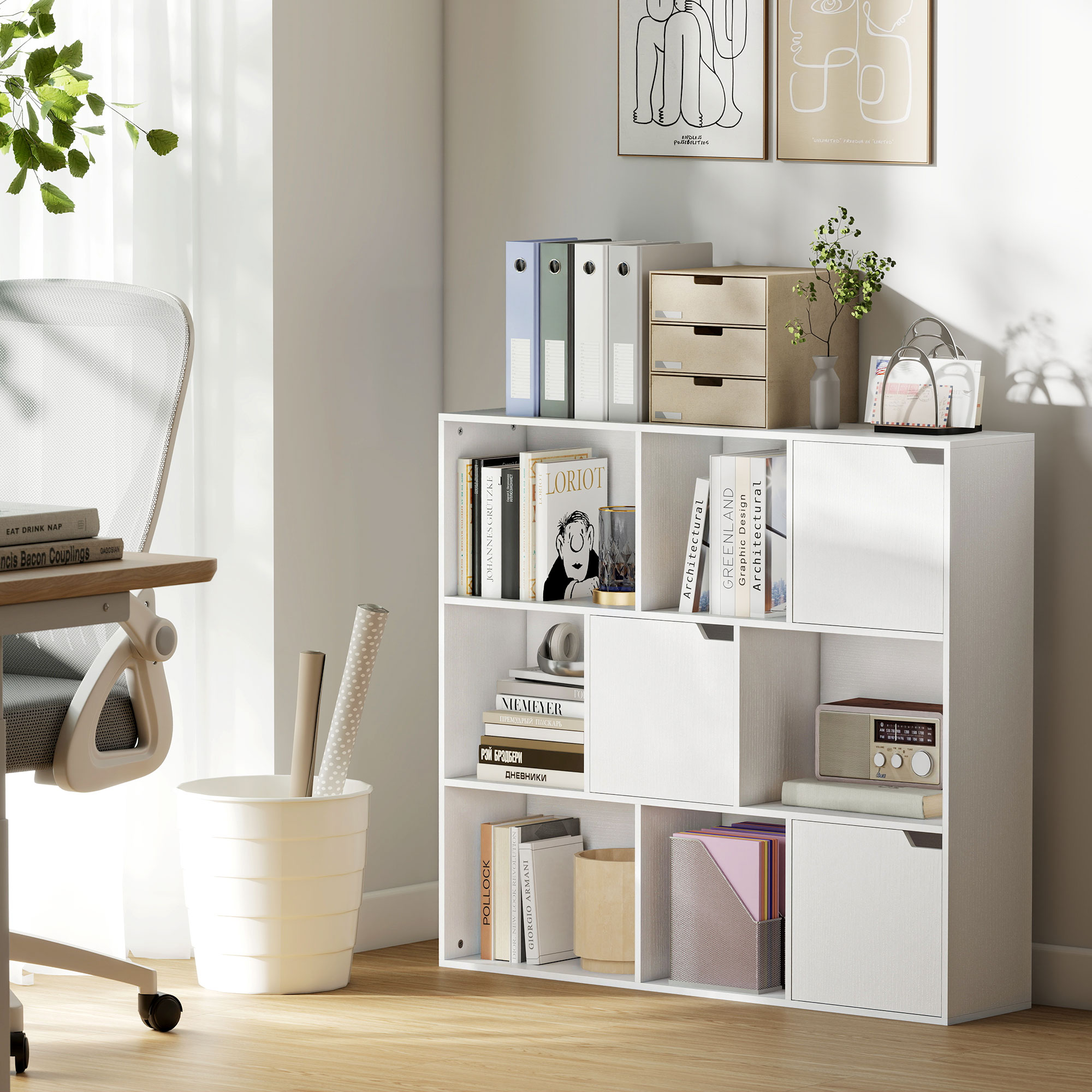 Bücherregal, 9 Fächern, 3 Türen, 6 Offene Regale, Für Wohnzimmer, Schlafzimmer, Spanplatte, Weiß