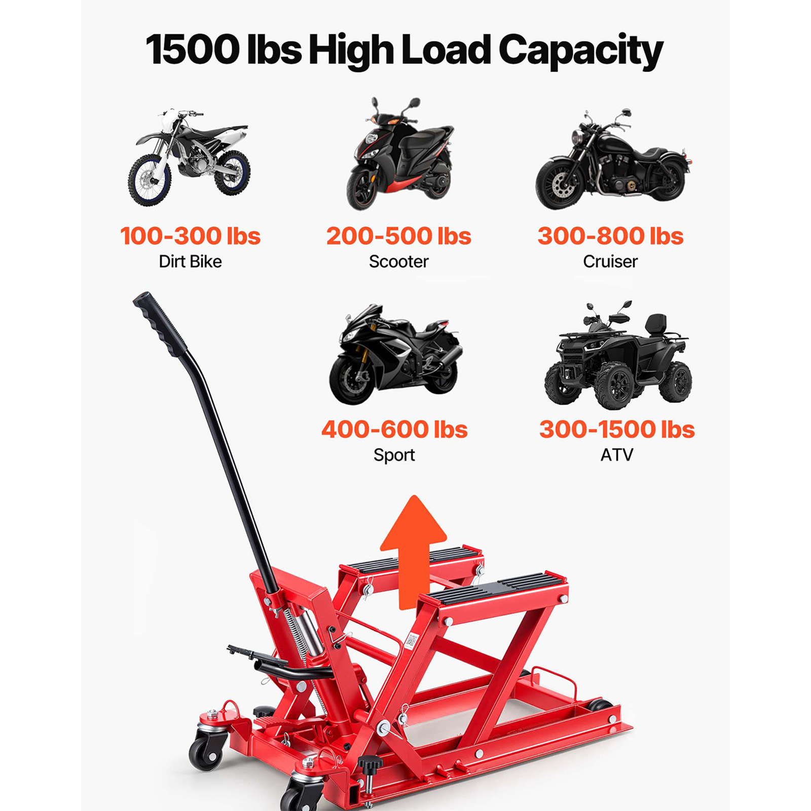 Hydraulic Motorcycle Lift Jack, 1500 Lbs Capacity, ATV Lift Jack Portable Motorcycle Hoist Stand With 4 Wheels, 4.5-15.2 Height Range, Hydraulic Foot-Operated Hoist Stand For ATVs, Dirt Bikes - photo 4