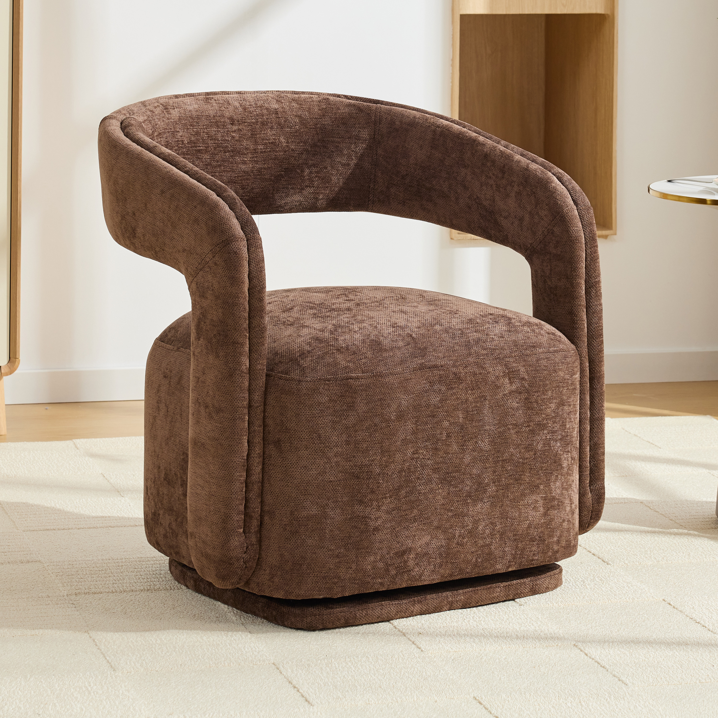 065 Chenille Fabric Accent Chair Armchair With Fabric Covered Wooden 360 Swivel Base, Brown