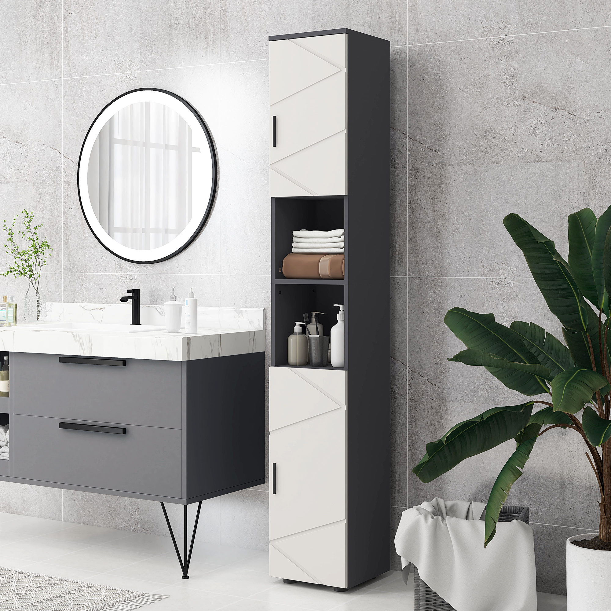 Badezimmerschrank, Badschrank, Verstellbare Regale, Spanplatte, Hellgrau