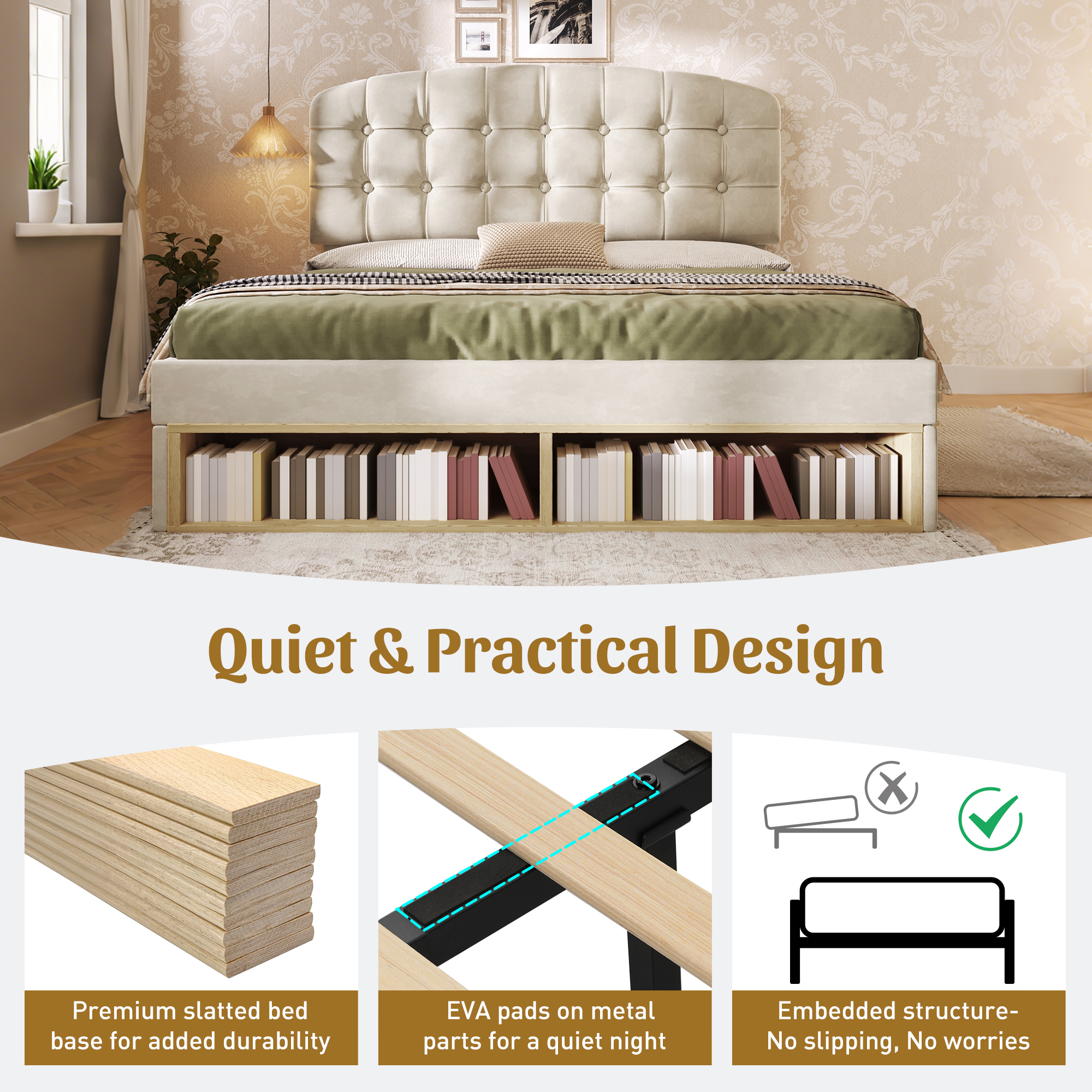 Upholstered Double Bed With Storage Compartments And Drawers, 4ft6 Double Bed With Adjustable Headboard, 135 X 190 Cm, Velvet, Beige   No Mattress