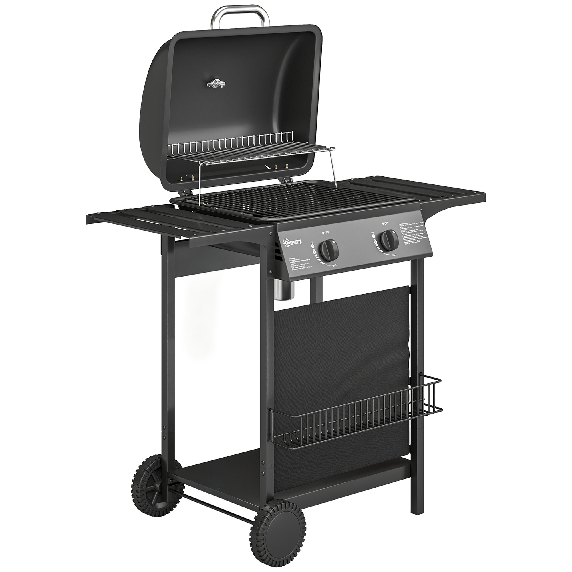 Gasgrill 5 KW 2 Brenner BBQ Grillwagen Edelstahl Inkl Seitentisch Unterkorb Frontabdeckung Thermometer Emaille-Grillrost