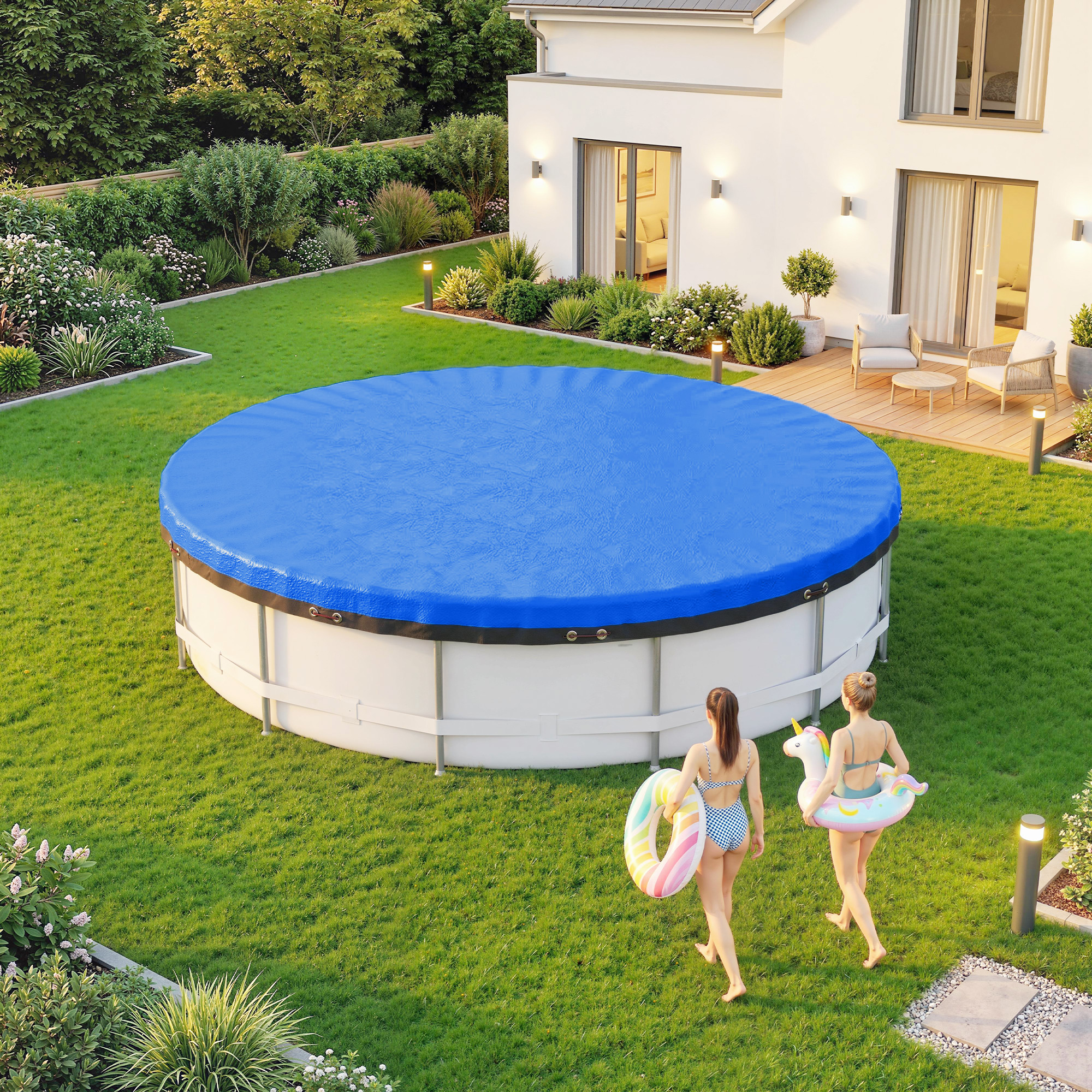 Poolabdeckung Rund Ø 450 Cm Staub- Und Wasserdichte Abdeckplane Mit Sicherungsseil Spanner Für Sommer & Winter, Blau