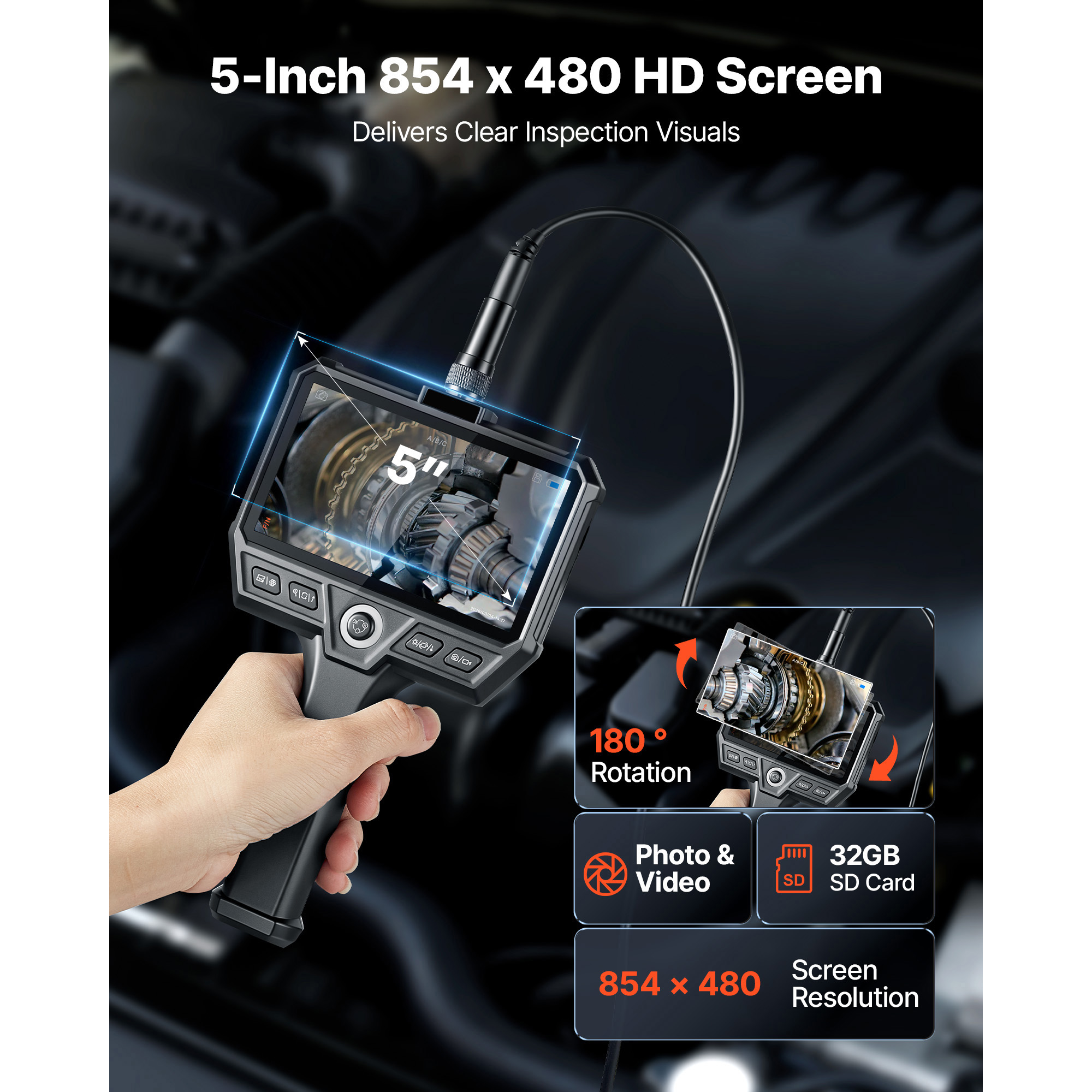 Triple Lens Endoscope With 32.8FT Newly Ultra-Rigid Cable, Industrial Borescope With Light, 5 HD IPS Screen, 8 2 Lights, 8X Zoom, 5000mAh, IP67 Waterproof Snake Camera For Auto, Plumbing