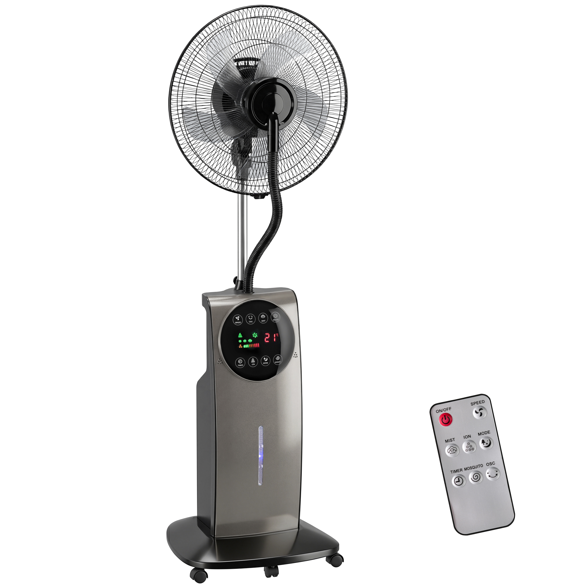 Sprühnebelventilator Mit Fernbedienung, Standventilator Mit Wassernebel, 70° Oszillation, 3 Geschwindigkeiten, 3 Modi, 3,1L Wassertank