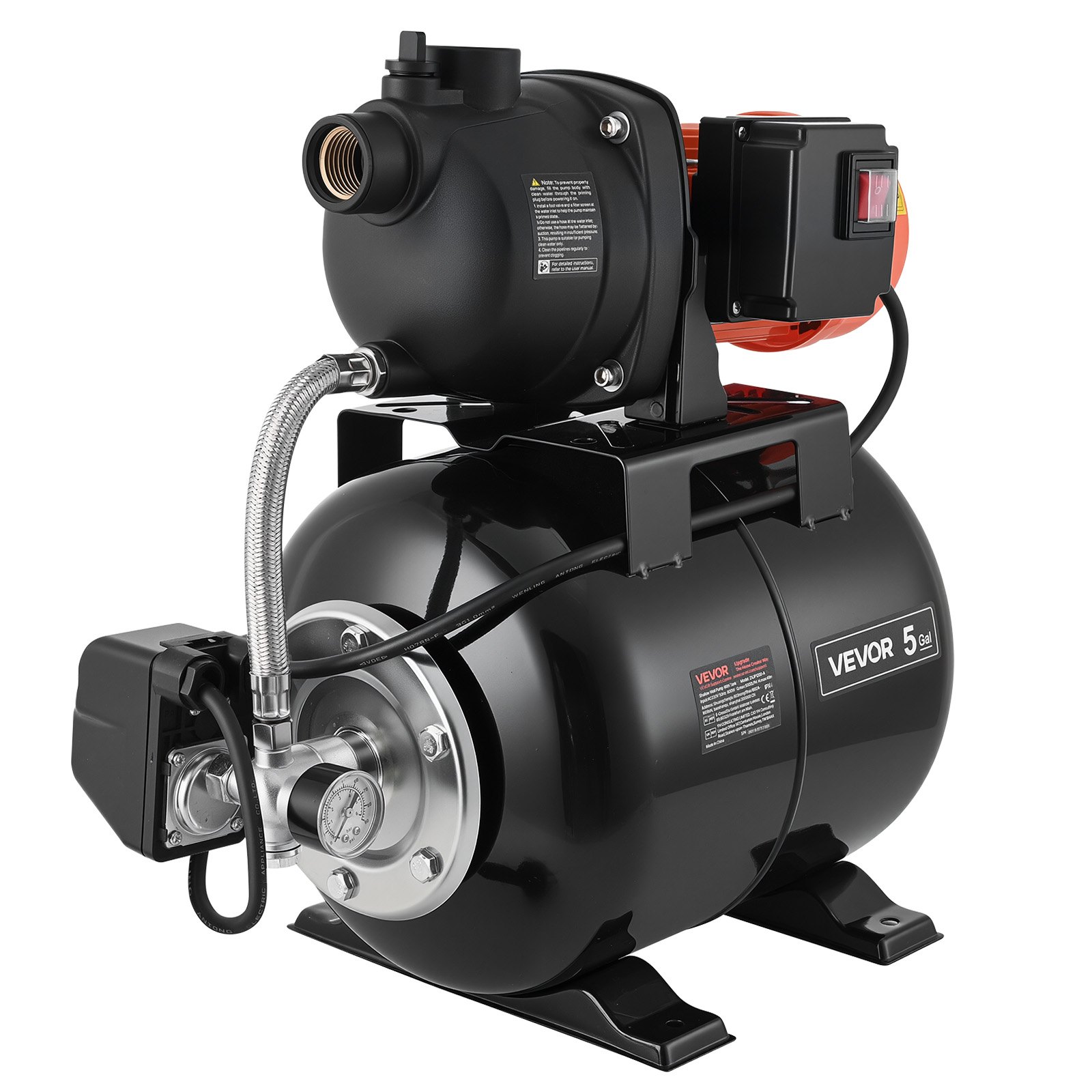 1.1 H P Shallow Well Pump With Pressure Tank, 120V 1320 GPH, Plastic Irrigation Jet Pump With 5-Gal Tank, Automatic Water Booster Transfer System, 20 40 PSI Pressure Switch, For Ho