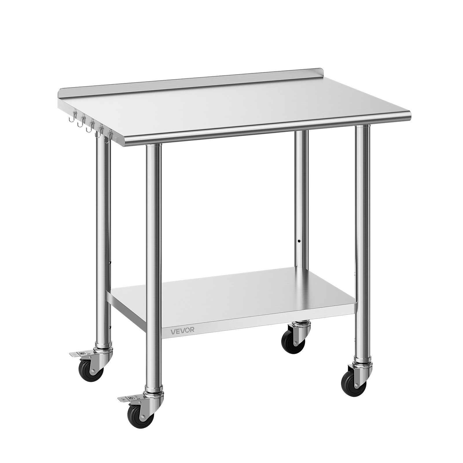 Stainless Steel Work Table, 24x36 Inch Food Prep Table With Wheels And Backsplash, Commercial Kitchen Workstation With Adjustable Undershelf, Metal Utility Worktable, For Restauran