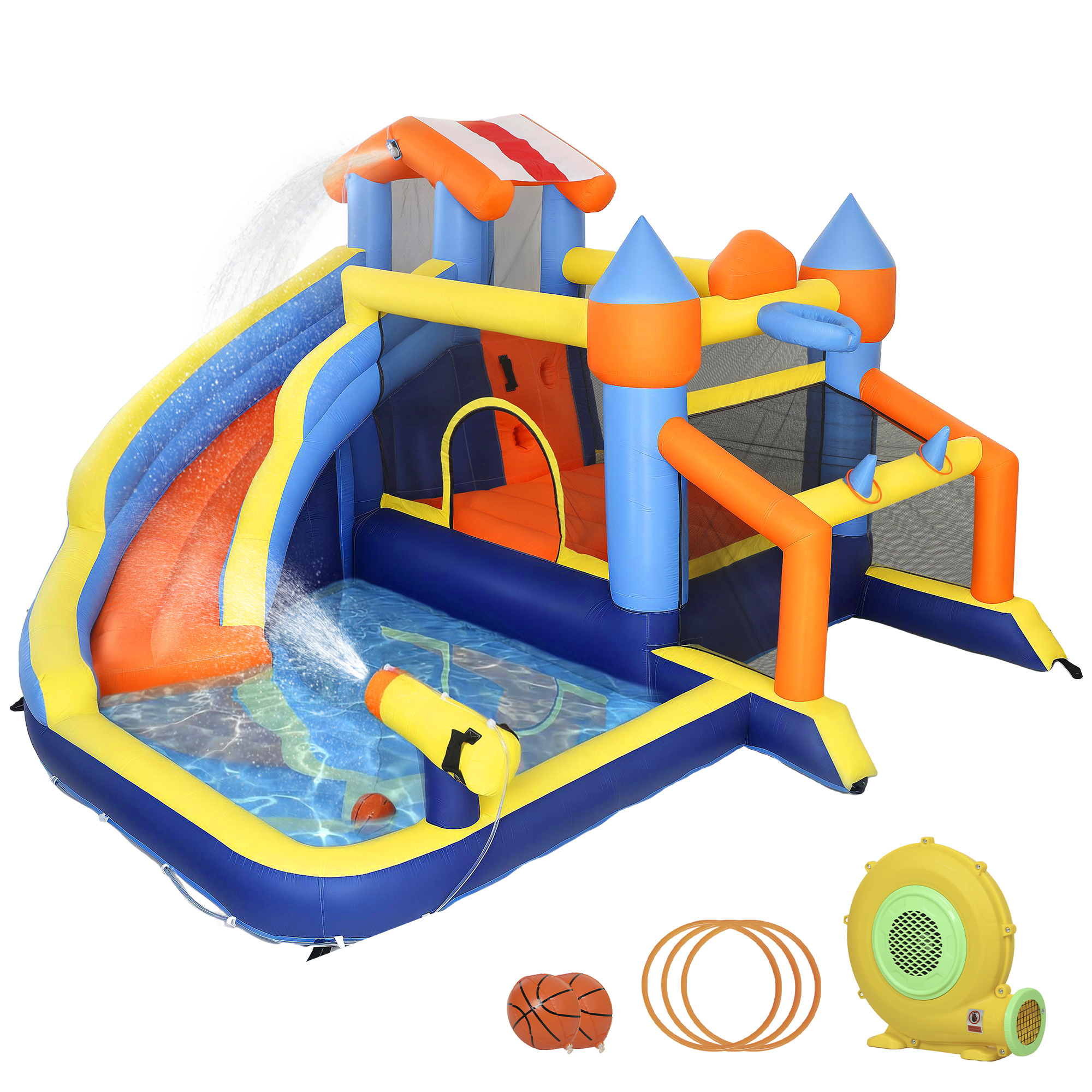 8-in-1 Hüpfburg Mit Gebläse Rutsche Planschbecken Trampolin Kletterwand Für Indoor Outdoor 350x325x210cm Mehrfarbig