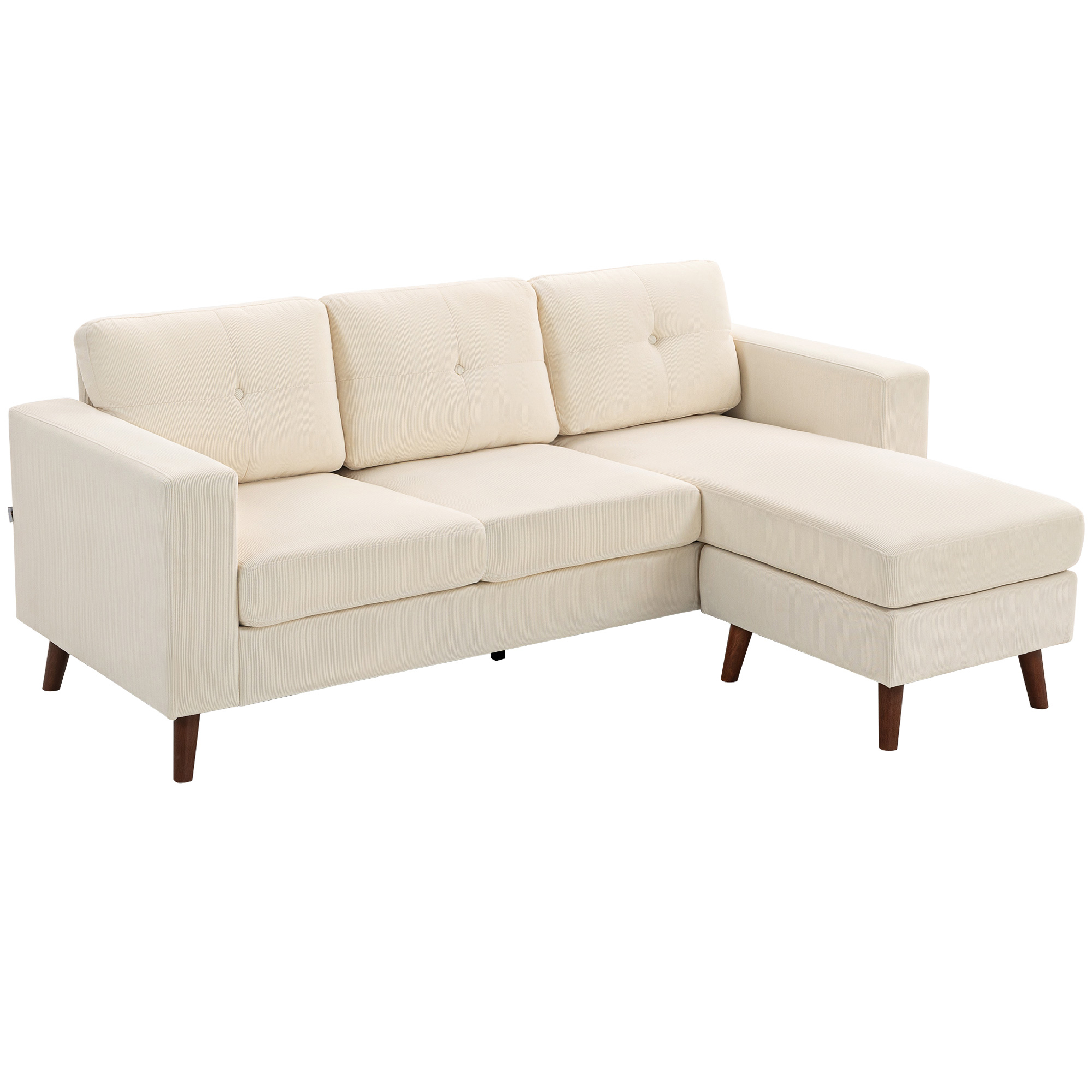 Ecksofa 192 Cm L-Form 3-Sitzer Sofa Mit Umkehrbarer Chaiselongue, Cord-Optik, Taschenfederkernpolsterung, Cremeweiß