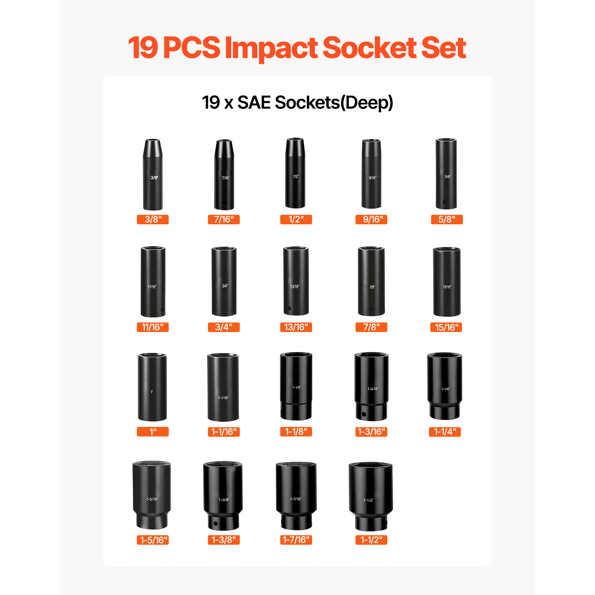 Impact Socket Set, 19 Piece Impact Sockets, Deep Socket, 6-Point Sockets, 1 2 Drive Set 3 8 To 1-1 2… image 3