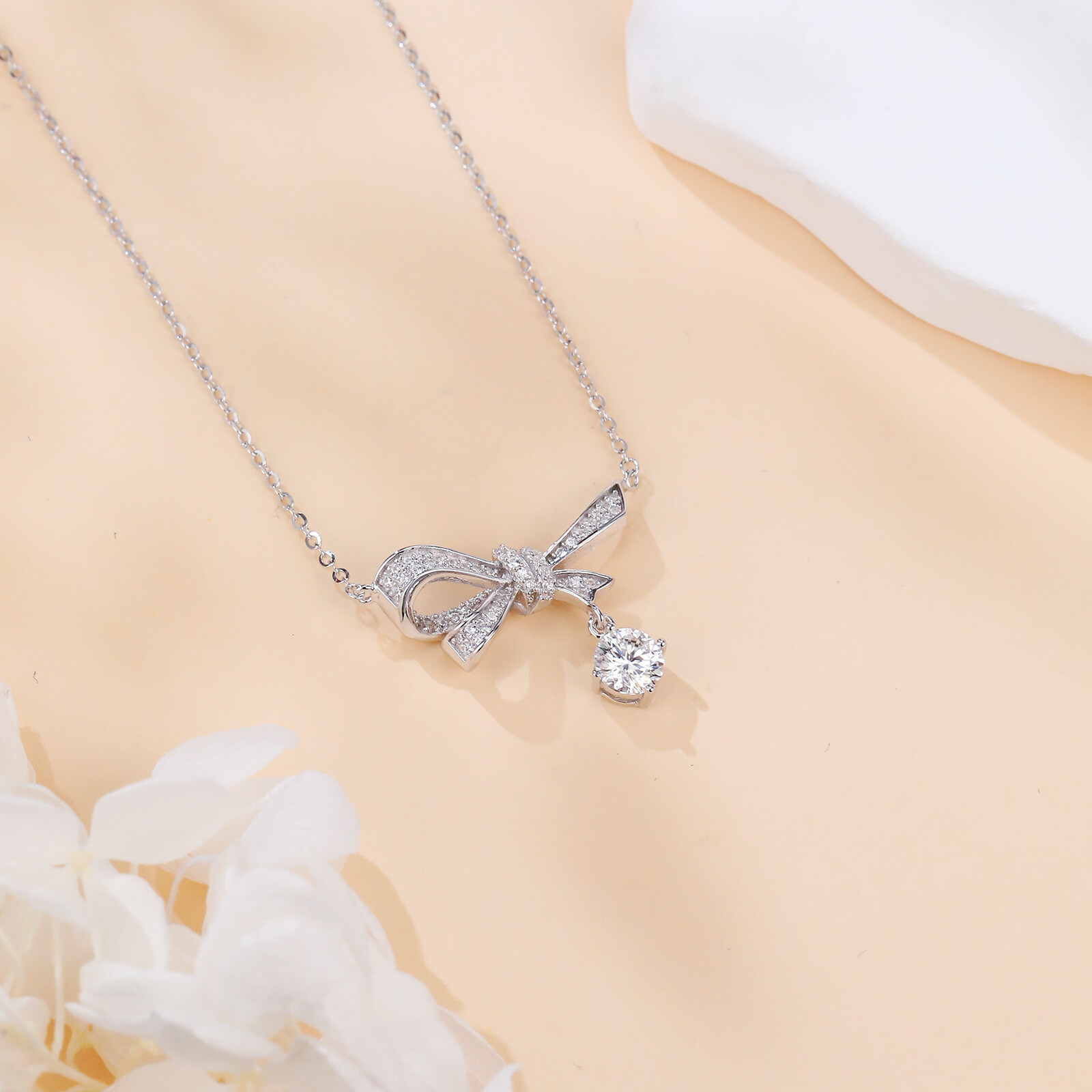 925 Sterling Silver Elegant Silver Bow Necklace With Dangling Moissanite Pendant Sparkling Charm