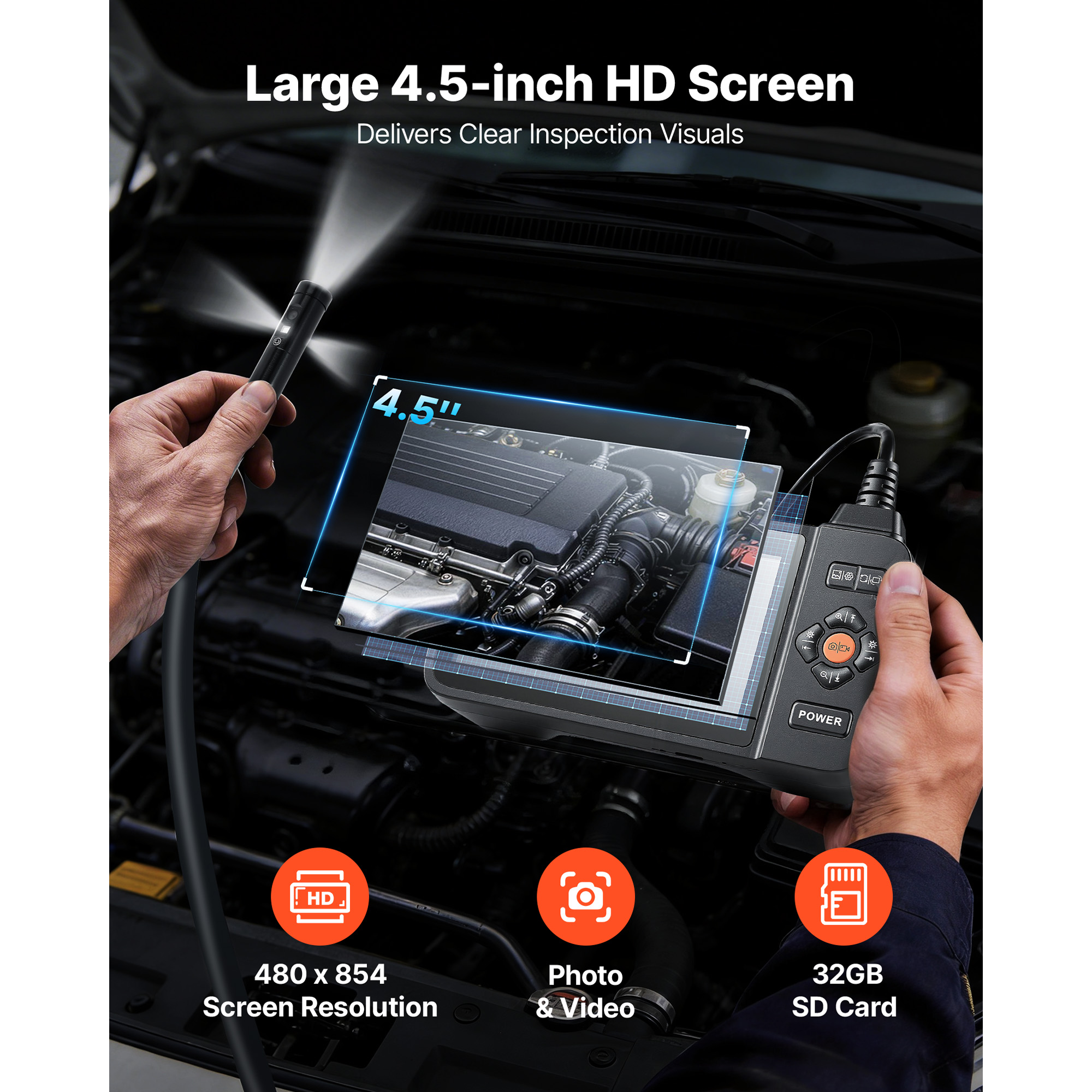 Triple Lens Endoscope With Light, 4.5 HD IPS Screen Industrial Borescope Camera, 8  2 Lights, 8X Zoom, IP67 Waterproof Inspection Snake Camera For Automotive, Plumbing  6.4FT Rigid Cable