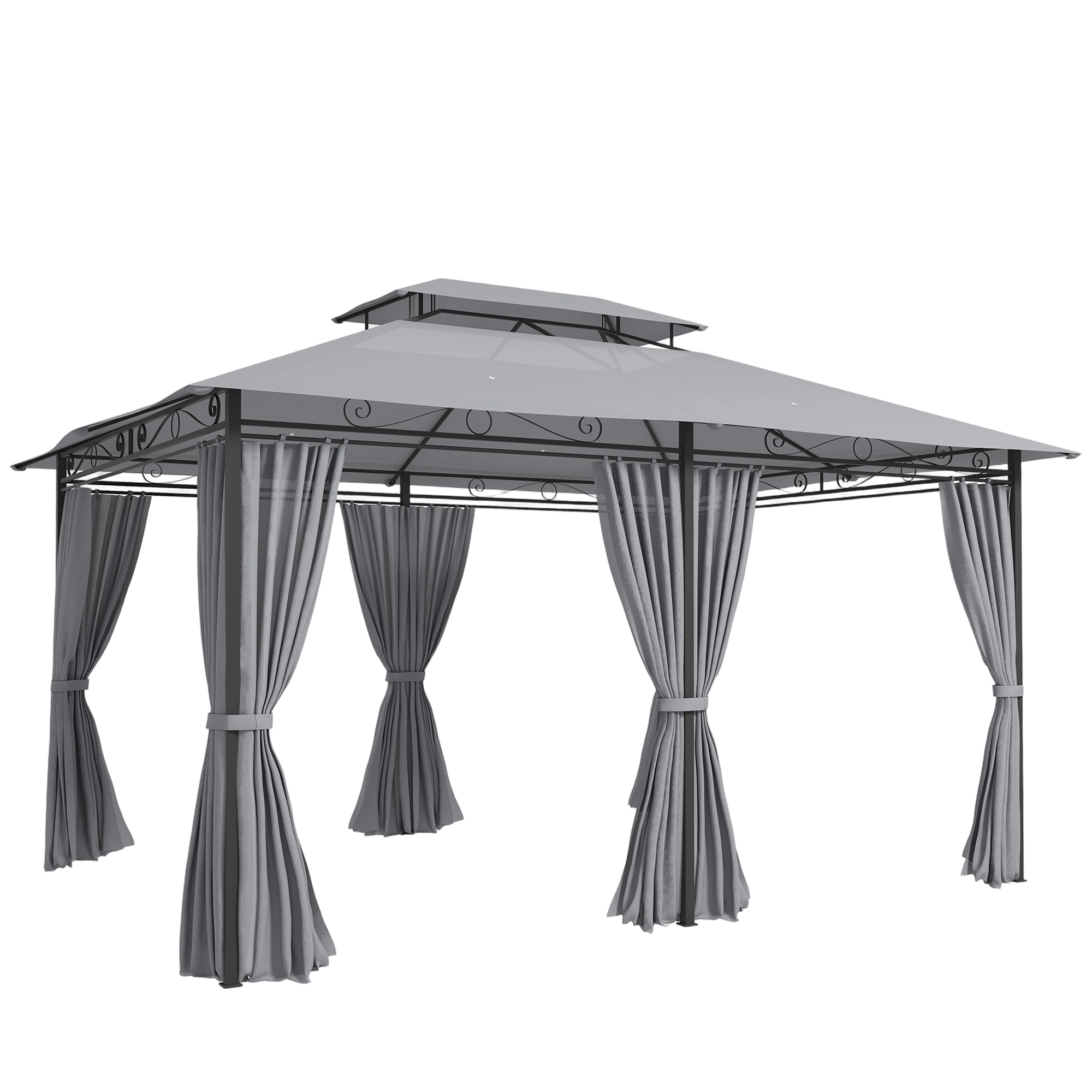 Gartenpavillon, Outdoor Pavillon Mit Vorhängen, Belüftetem Dach, Dunkelgrau