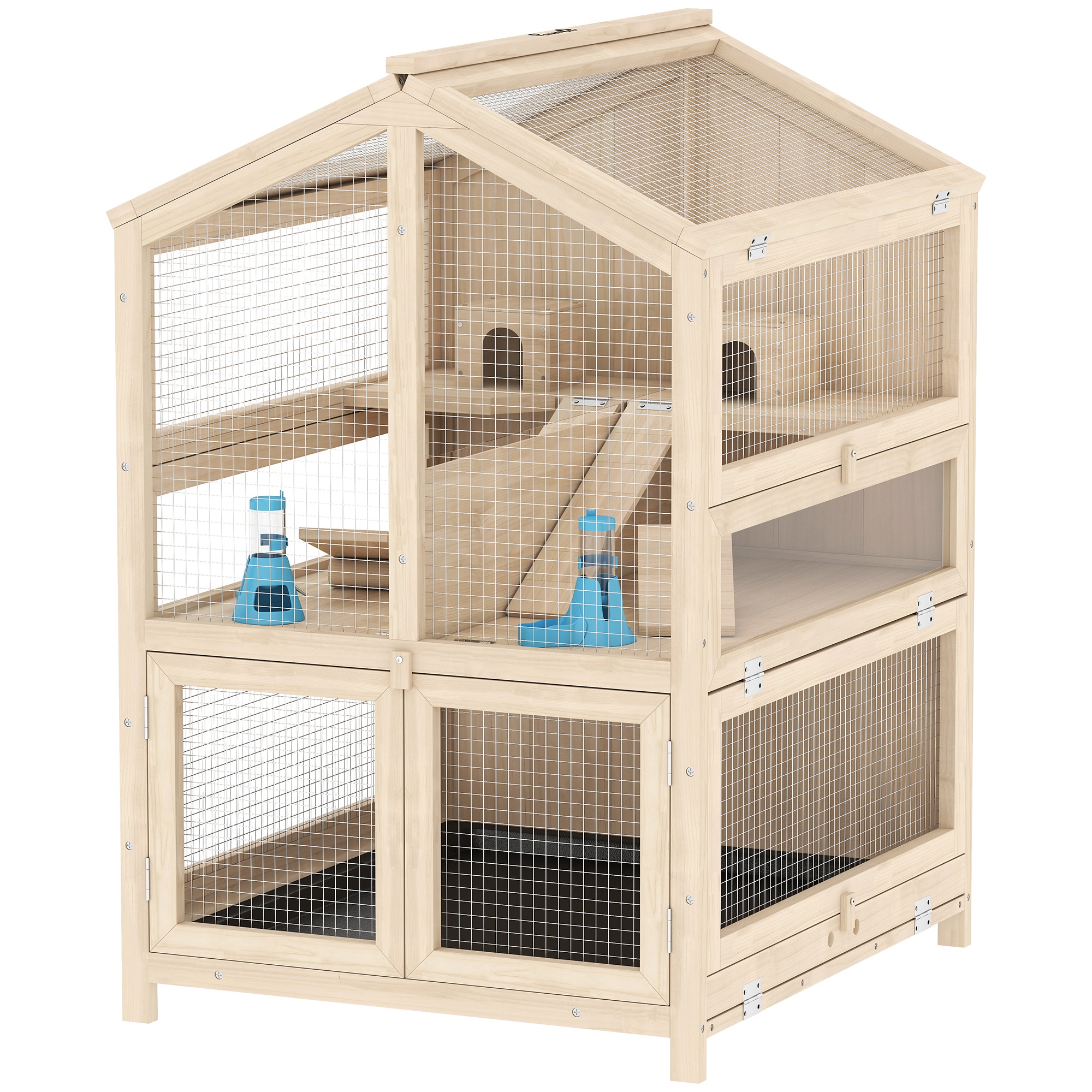 Hamsterkäfig Aus Holz 3 Etagen Nagerkäfig Kleintierkäfig Mit Hütten Wippen Rampen Wasserschalen 68 X 61,5 X 90 Cm Naturholz