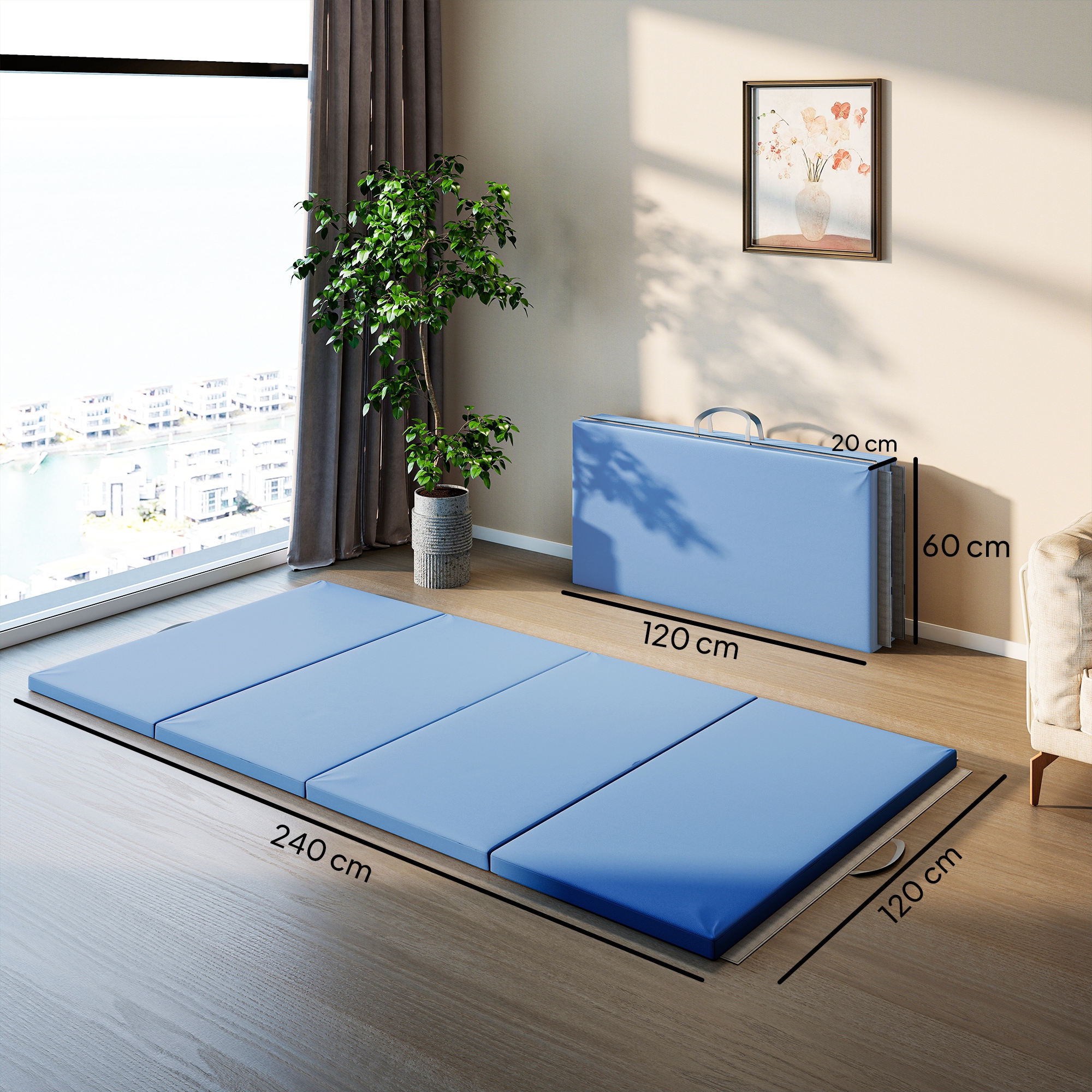Trainingsmatte, Faltbare Fitnessmatte Sportmatte Mit Griffen Für Yoga, MMA, Fitness, Pilates 240 X 120 X 5 Cm Hellblau