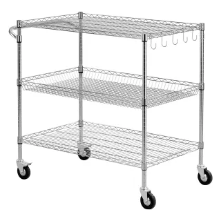 Kitchen Utility Cart, 3 Tier Heavy Duty Adjustable Wire Storage Rack, Commercial Steel Rolling Service Trolley On Wheels, Work Table With Handle Bar, For Garage And Laundry Room, 4
